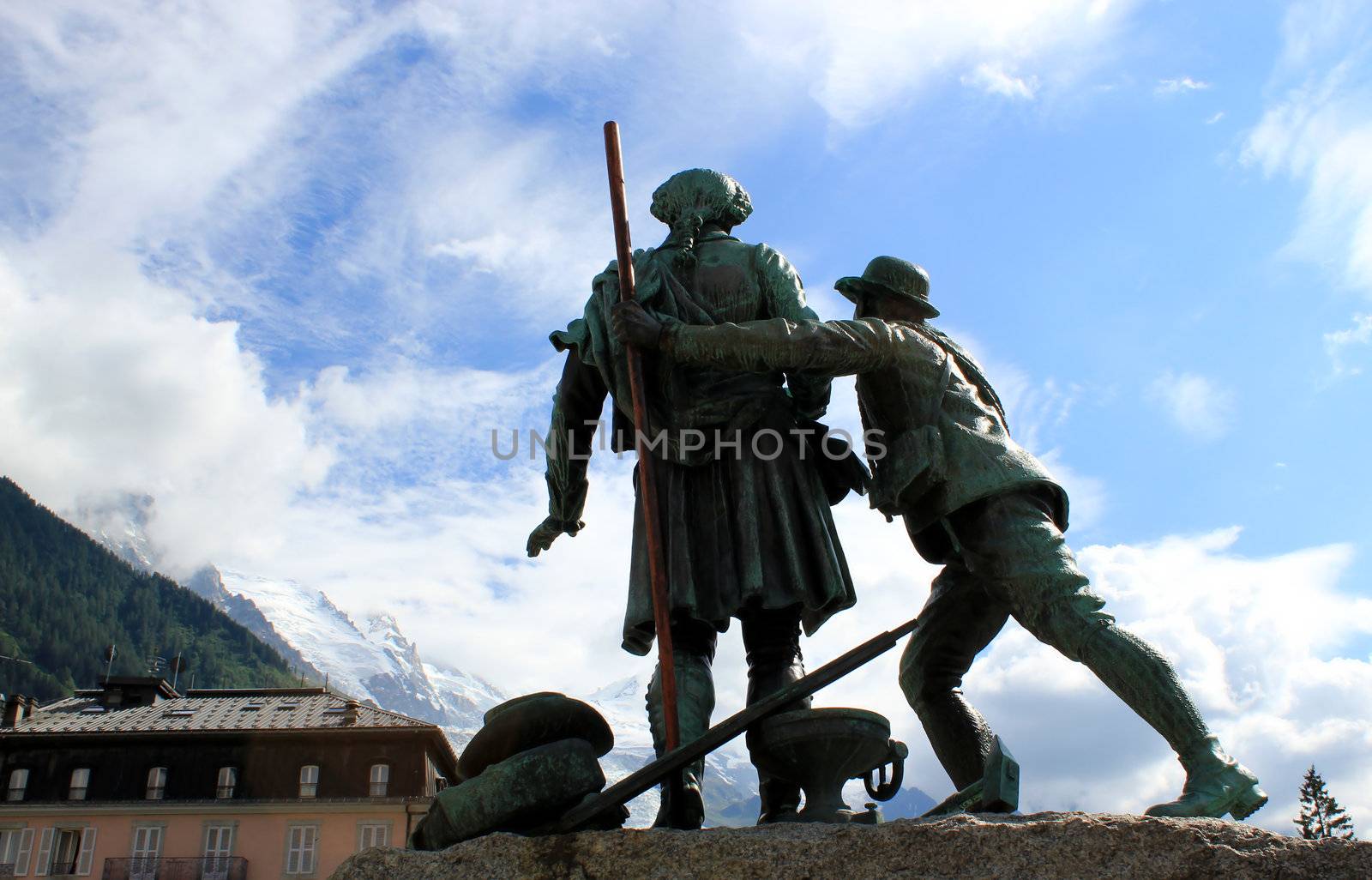 Sculpture of the guide showing the Mont-Blanc to Mr De Saussure, Chamonix, France