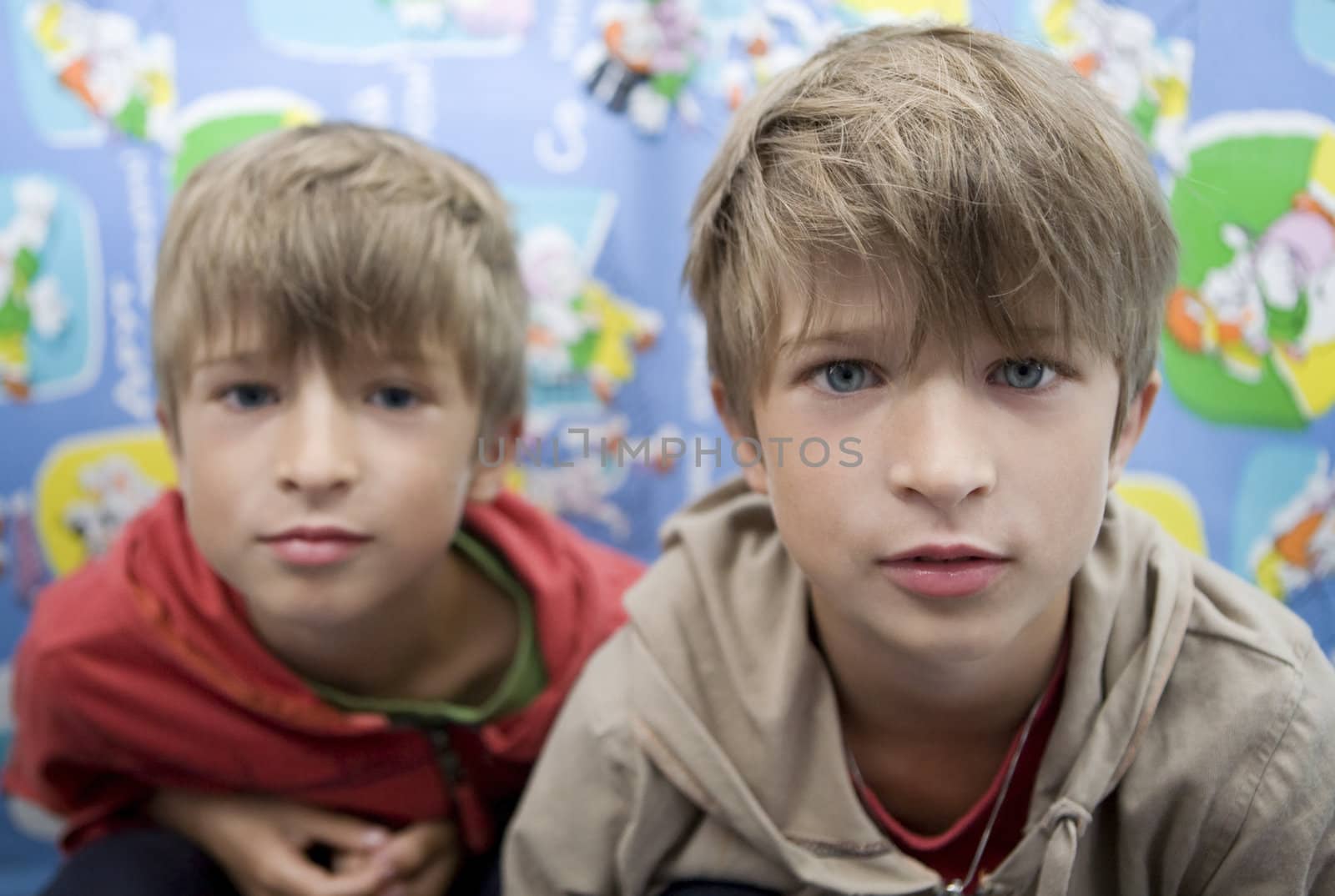 portrait happy cute twins brothers eight years old