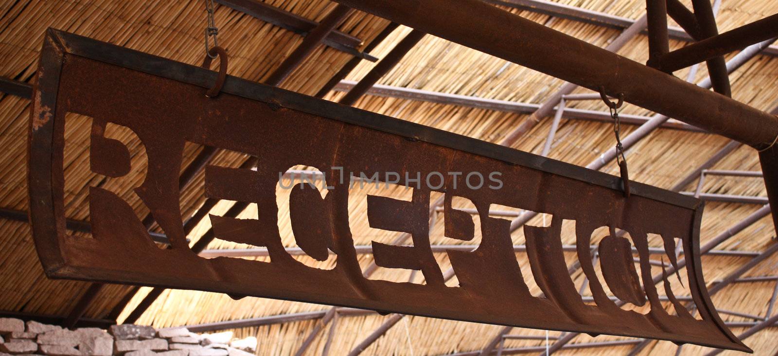 Namibia, handmade reception sign made of metal scrap