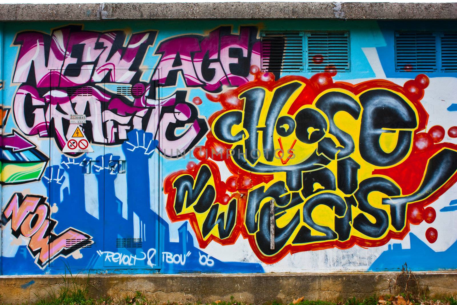 Wall with graffiti, urban scene, Torino, Italy