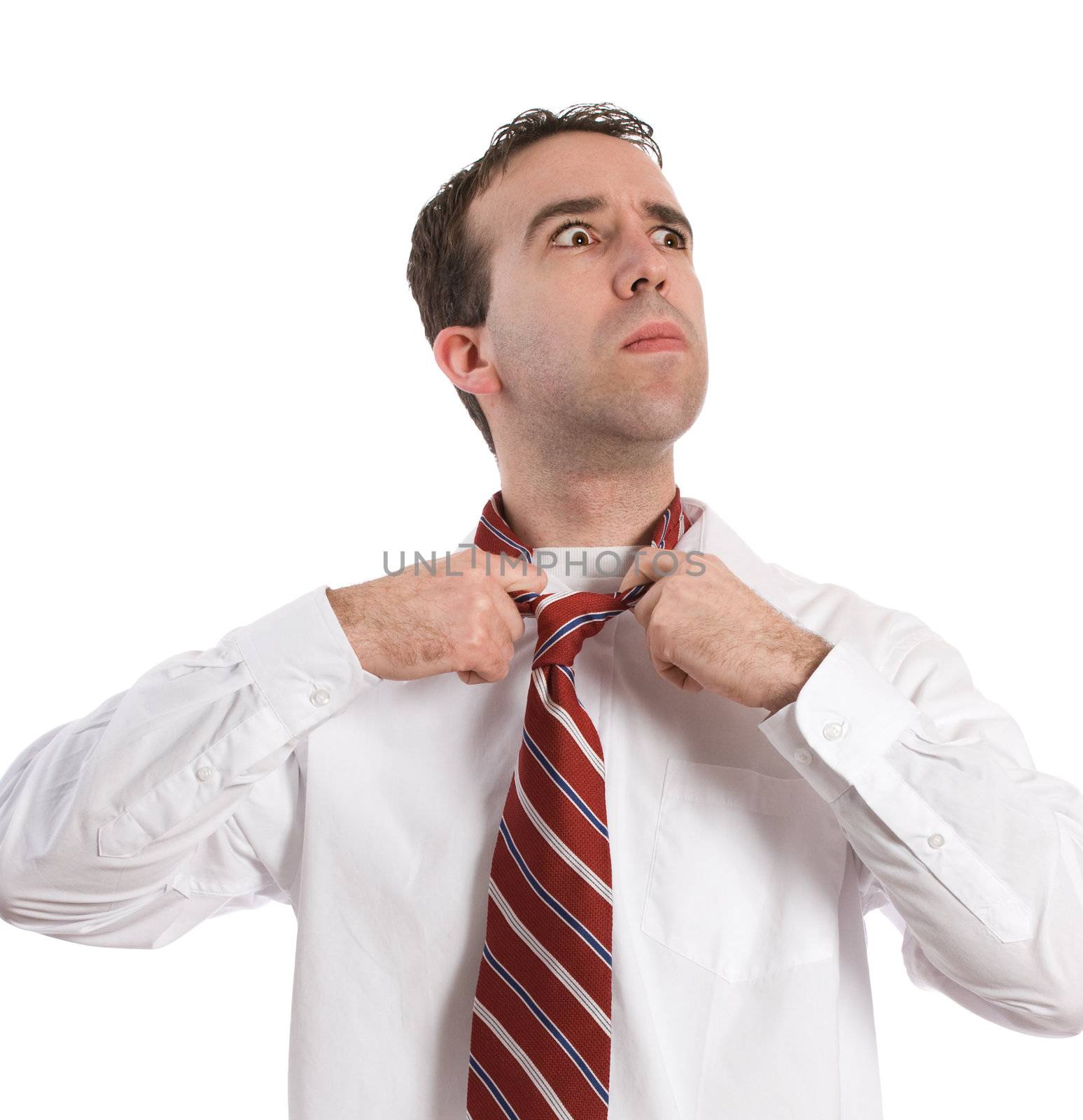 A young employee is frustrated and ready to quit, isolated against a white background