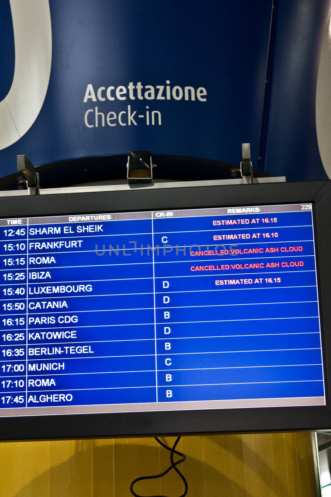 Detail of airport monitor, with cancelled flight for volcanic ash, useful for concept linked to unexpected event