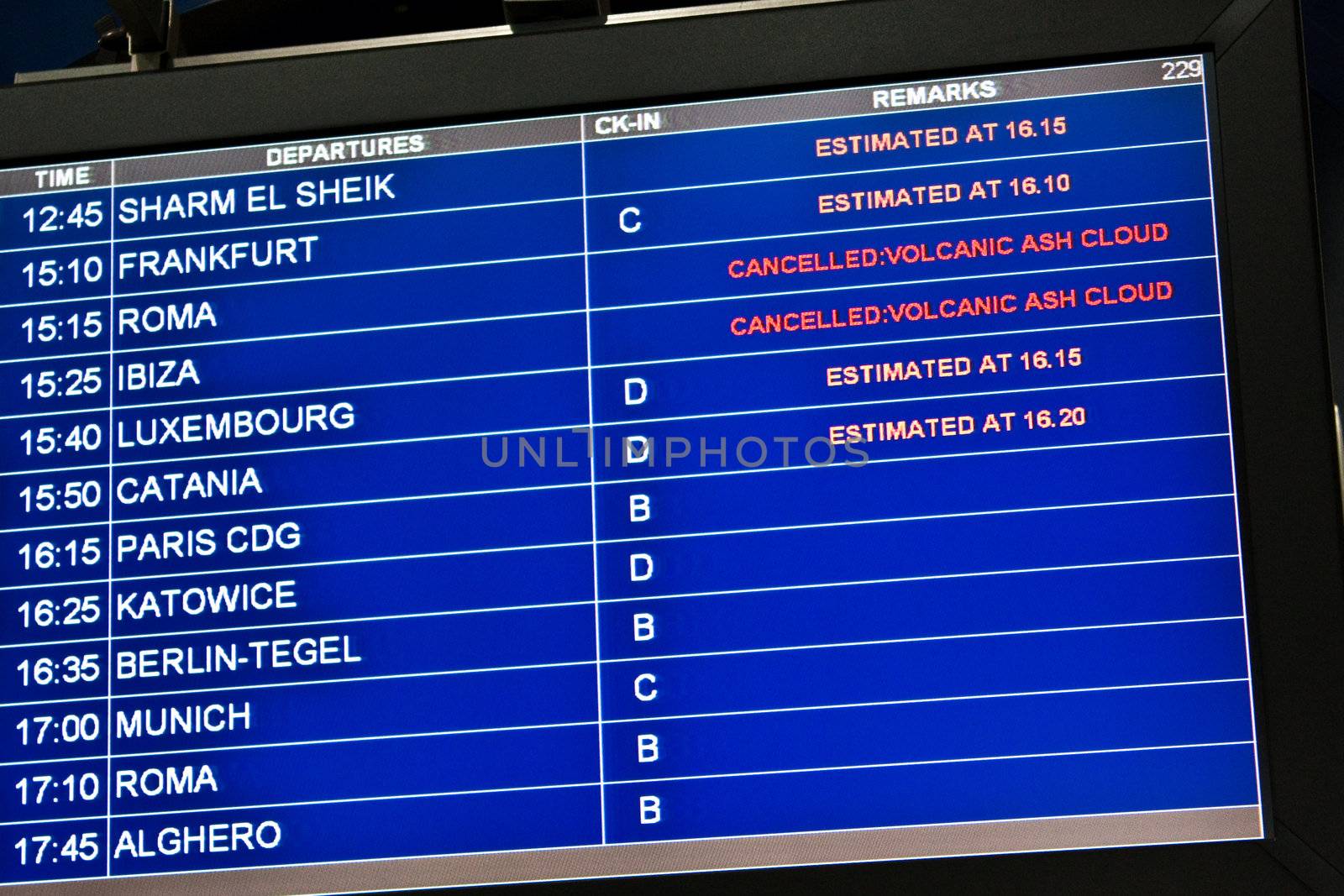 Detail of airport monitor, with cancelled flight for volcanic ash, useful for concept linked to unexpected event