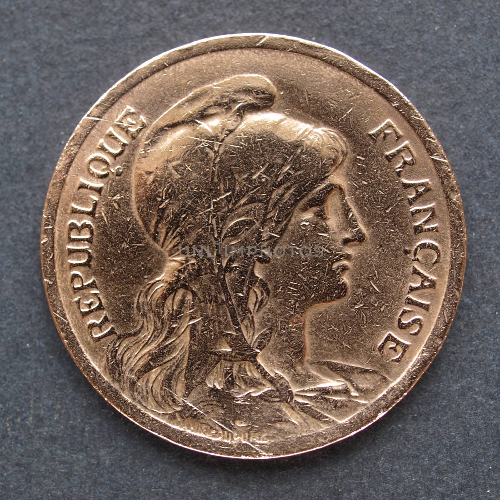 Vintage France coin with the French republic represented as a beautiful woman