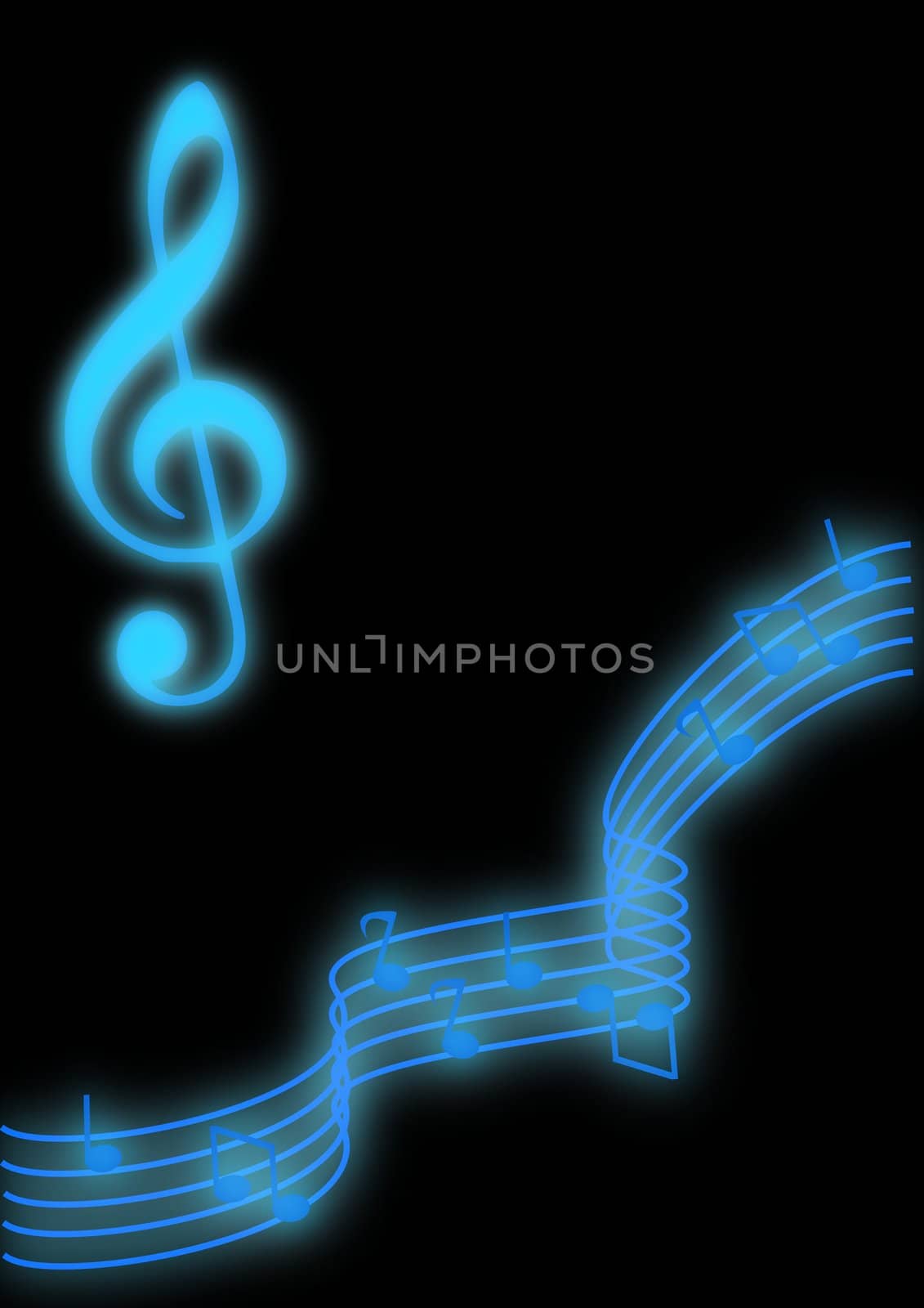 Glowing blue music notes on a black background.