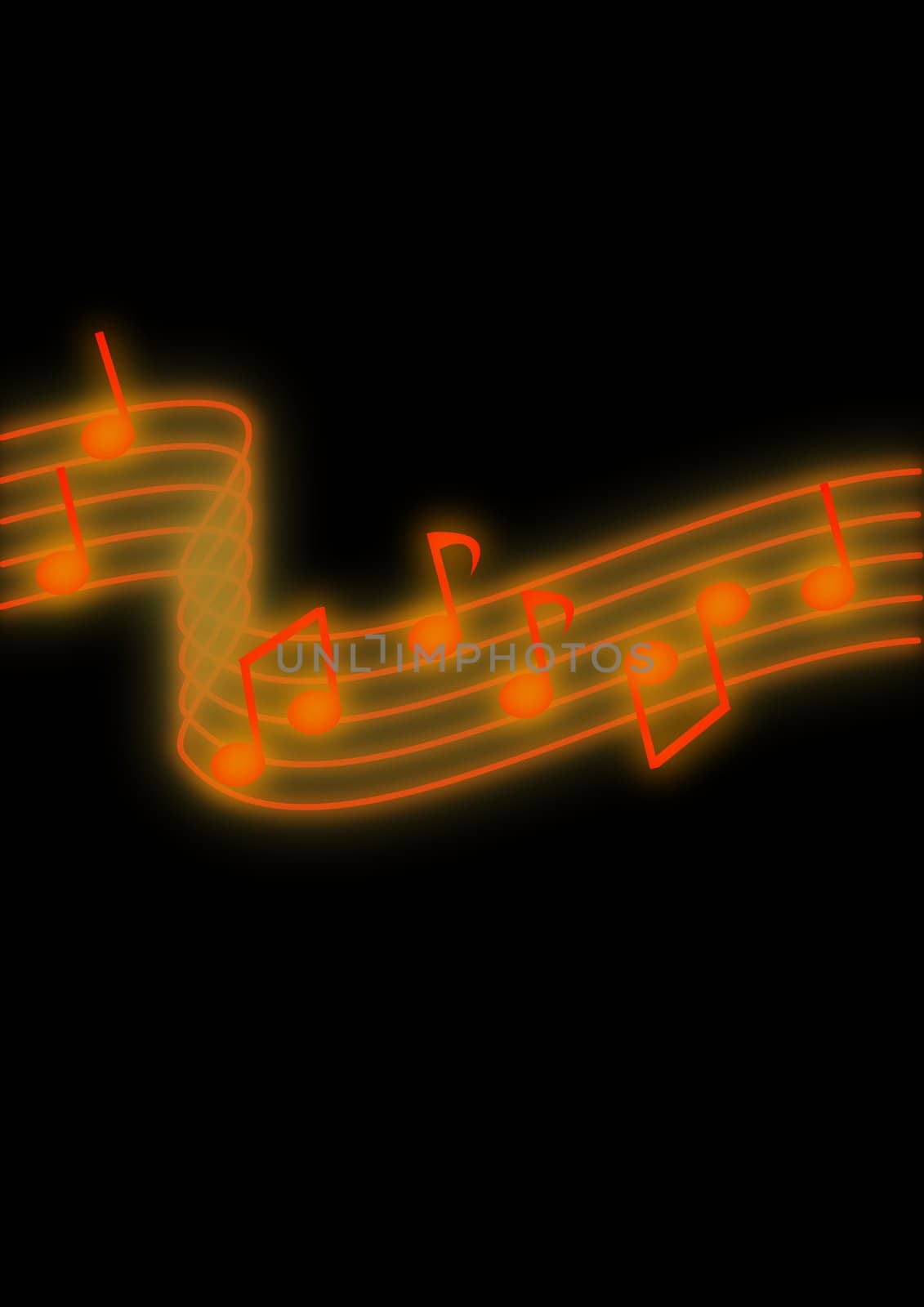 Glowing orange music notes on a black background.