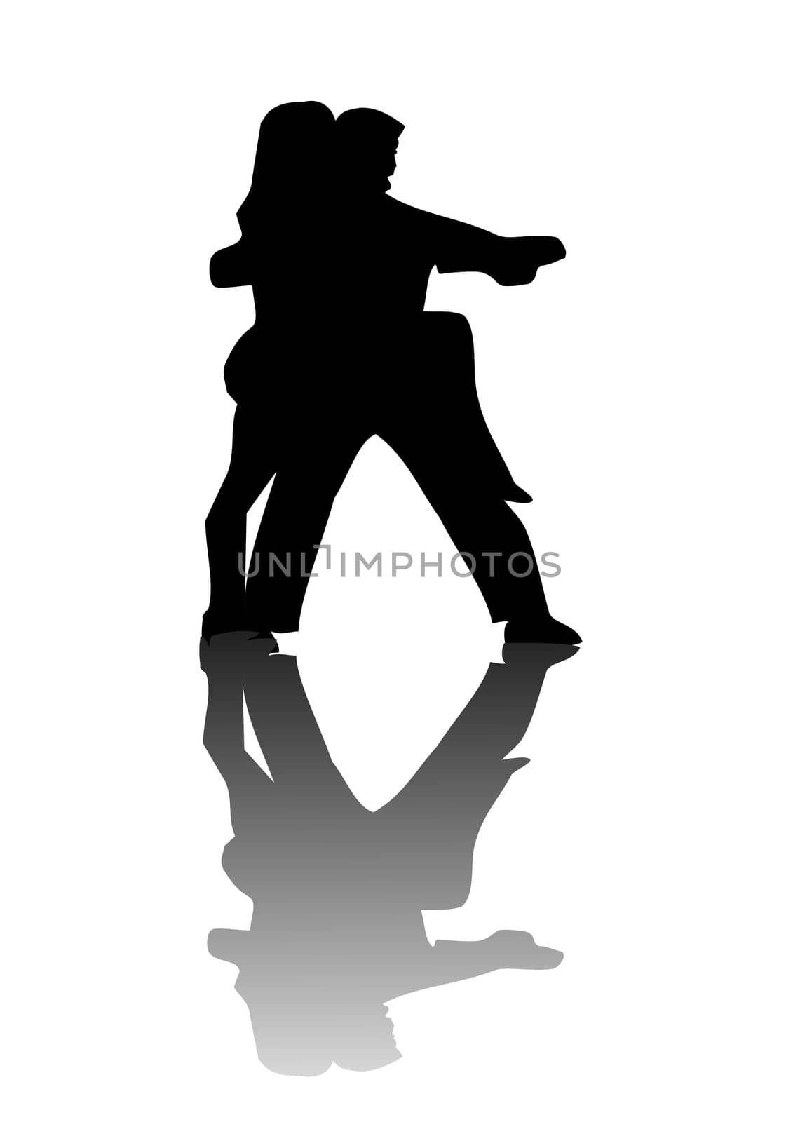 A pair of lovers silhouetted against a white background with their reflection on the floor.