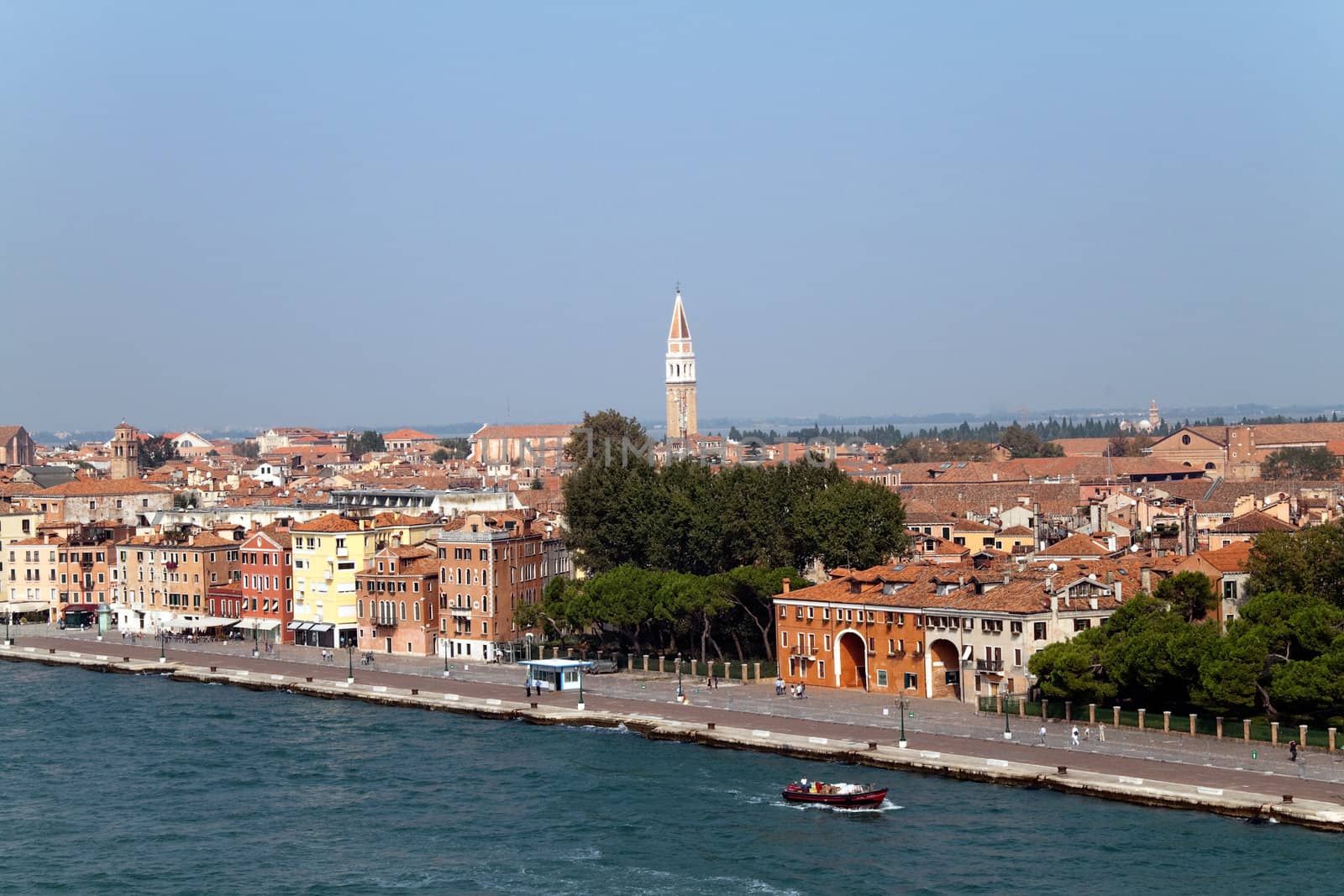 A cityscape view of Venice, Italy from high above the water.