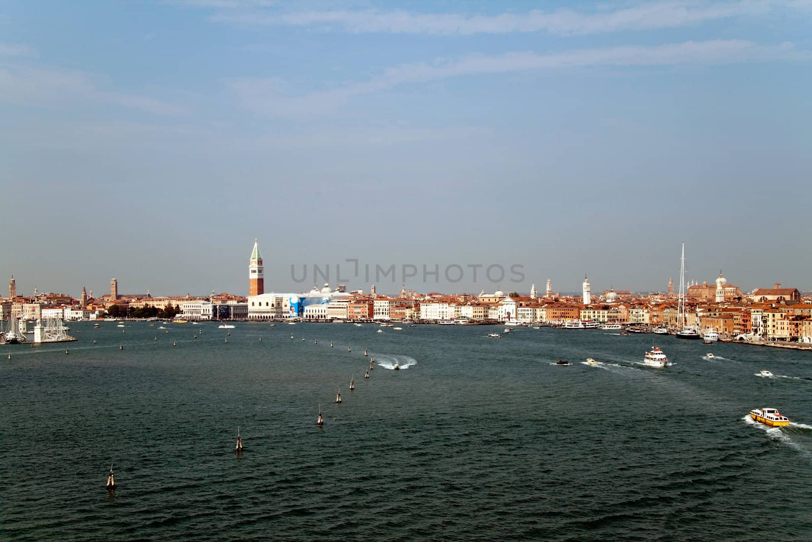 A cityscape view of Venice, Italy from high above the water.