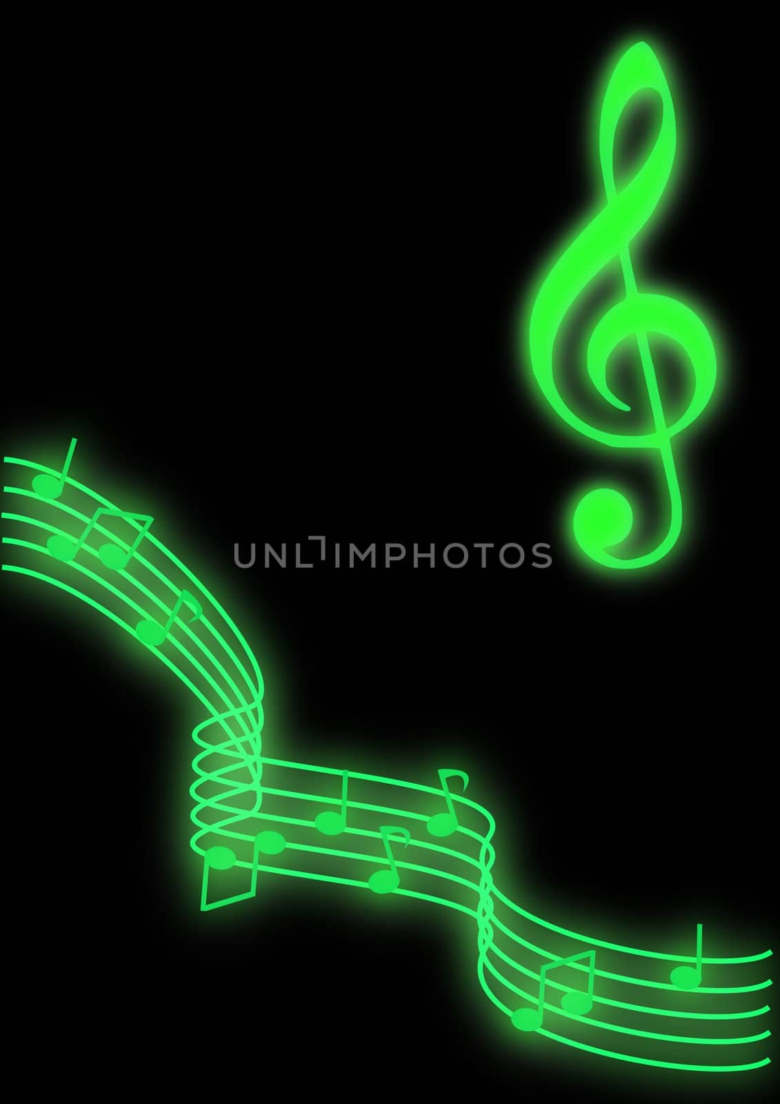 Glowing green music notes on a black background.