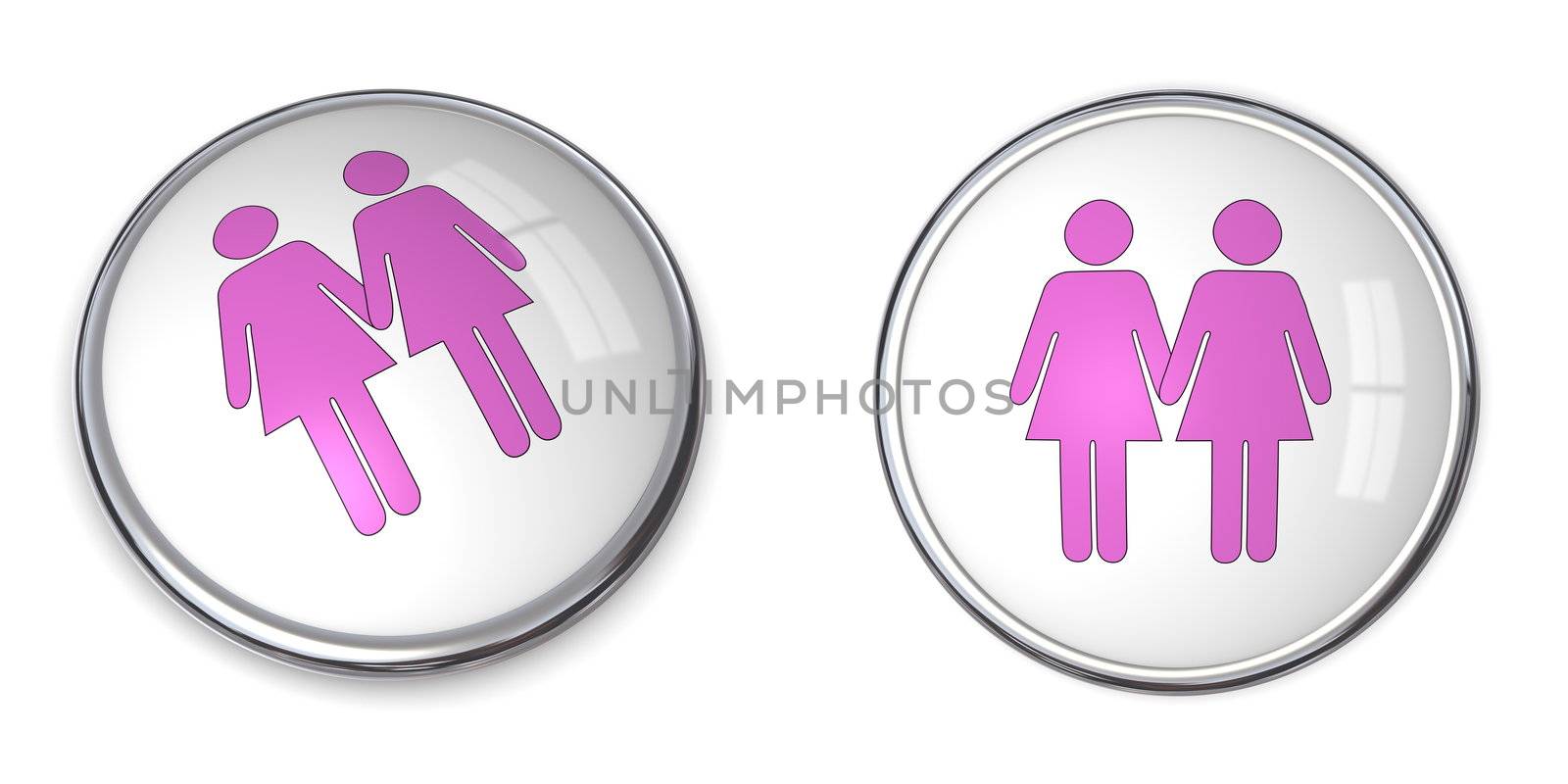 3D button female couple pictogram - pink and blue