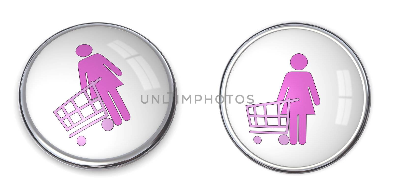 3D button woman with shopping cart/trolley - pink on white background