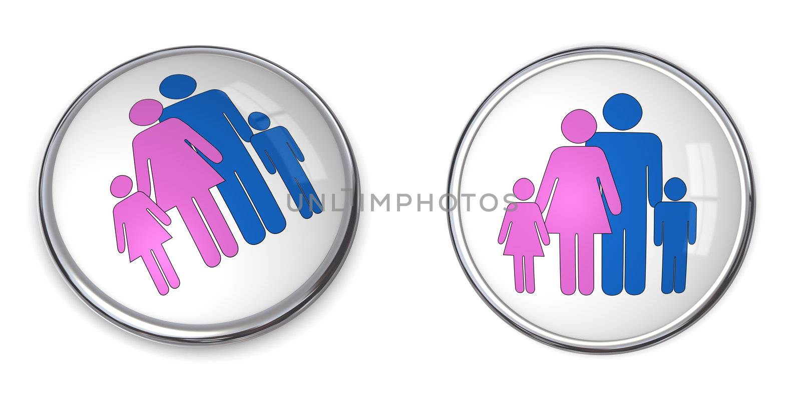 3D button family with kids pictogram - pink and blue