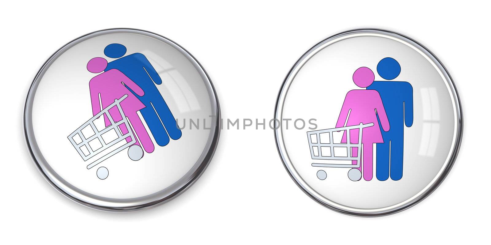 3D button couple with shopping cart/trolley - silver gray/grey