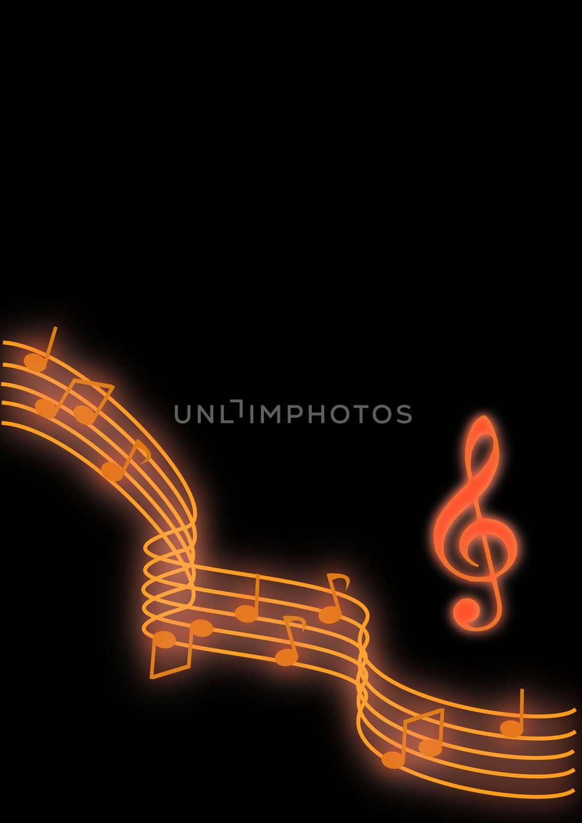 Glowing orange music notes on a black background.