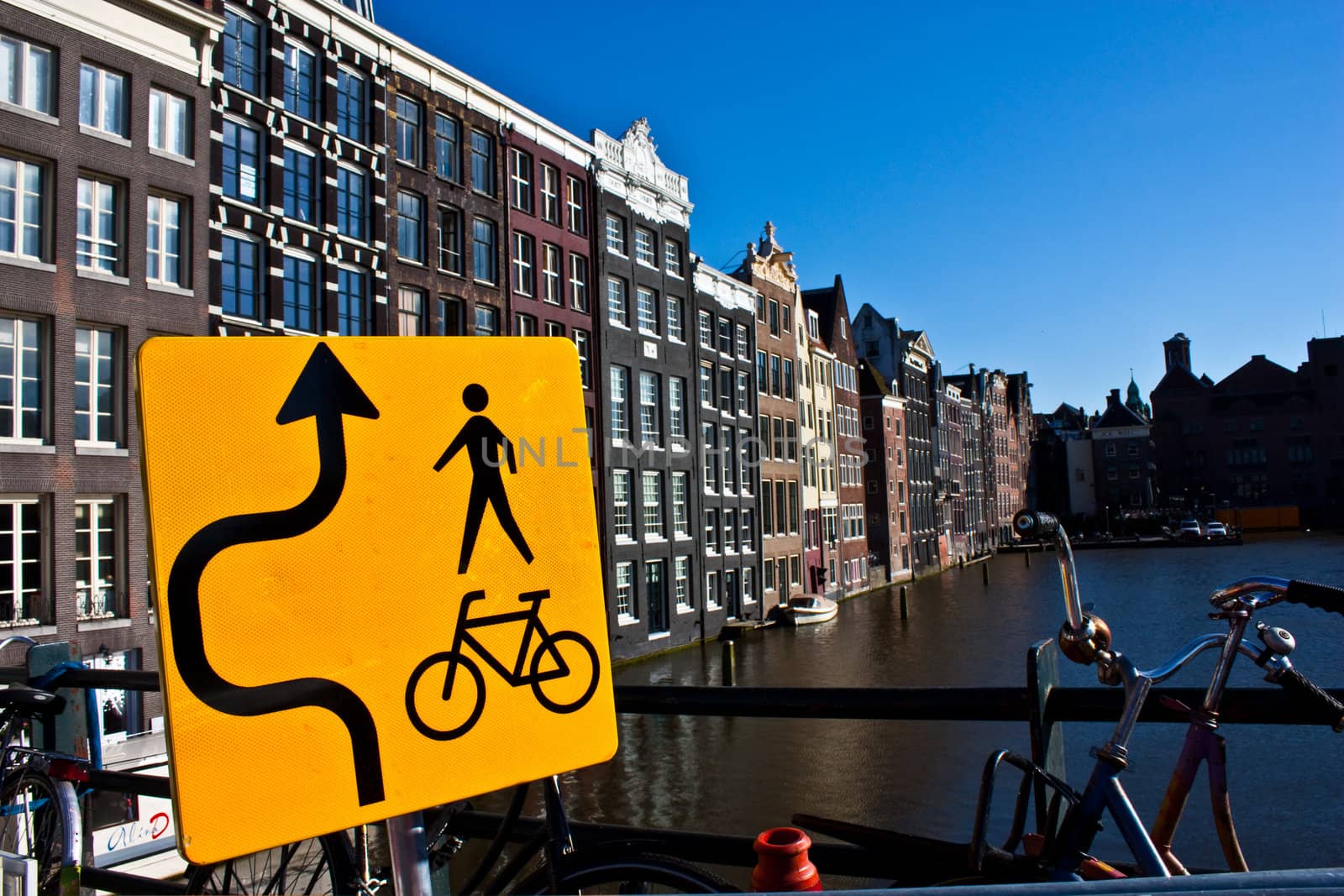 Amsterdam canal view with sign for bicycle, close to the center of the city