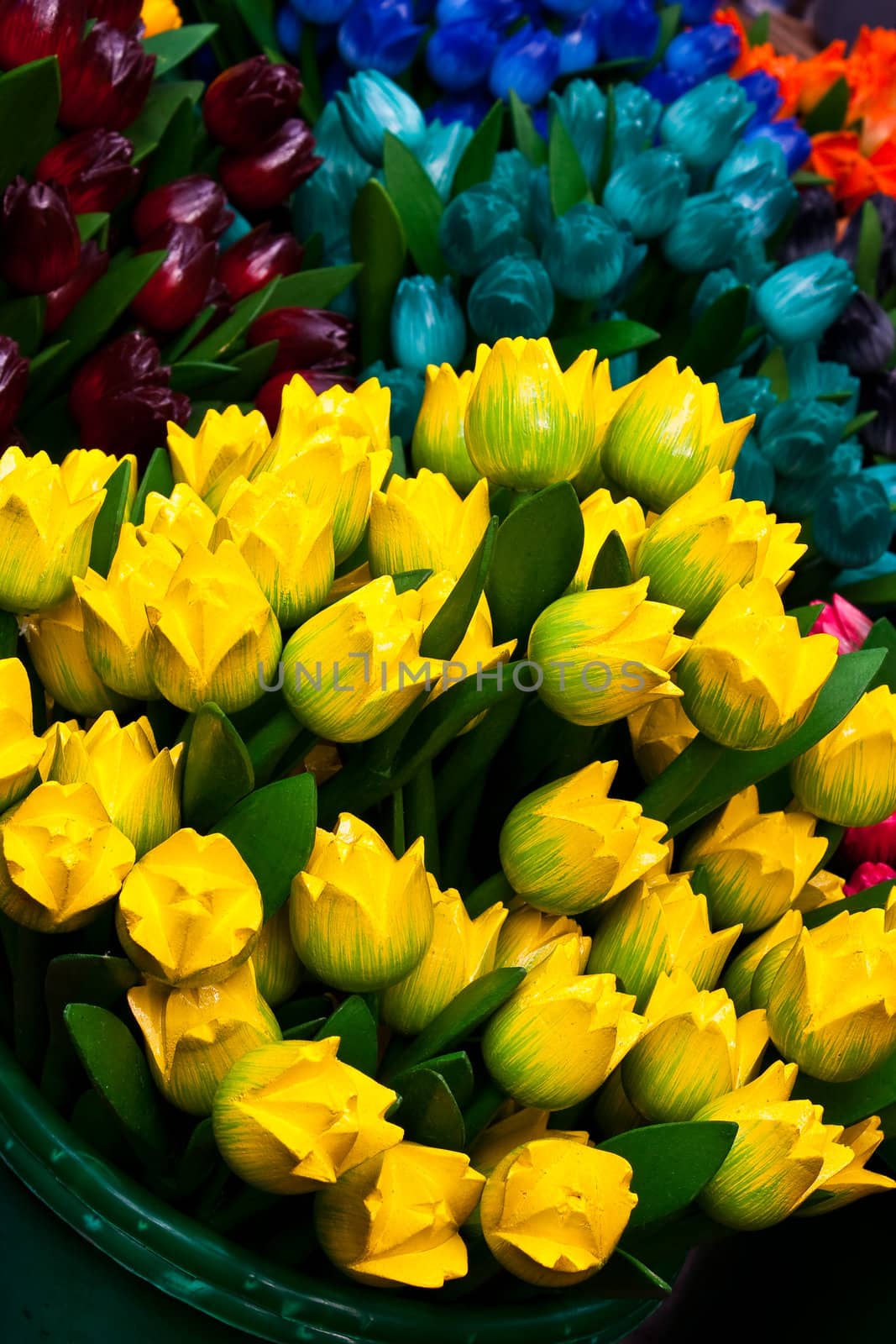 Traditional tulips made of wood in Amsterdam shop