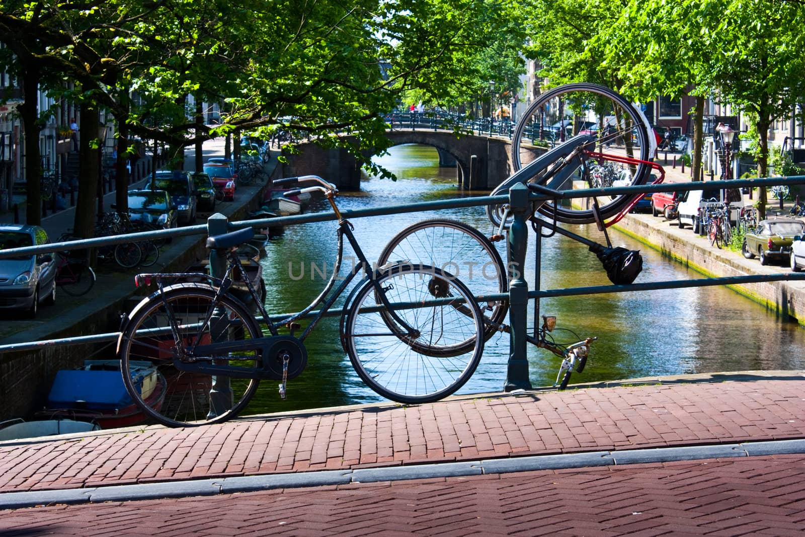 Tipical bicycles parking in Amsterdam, in front of a tipica canal