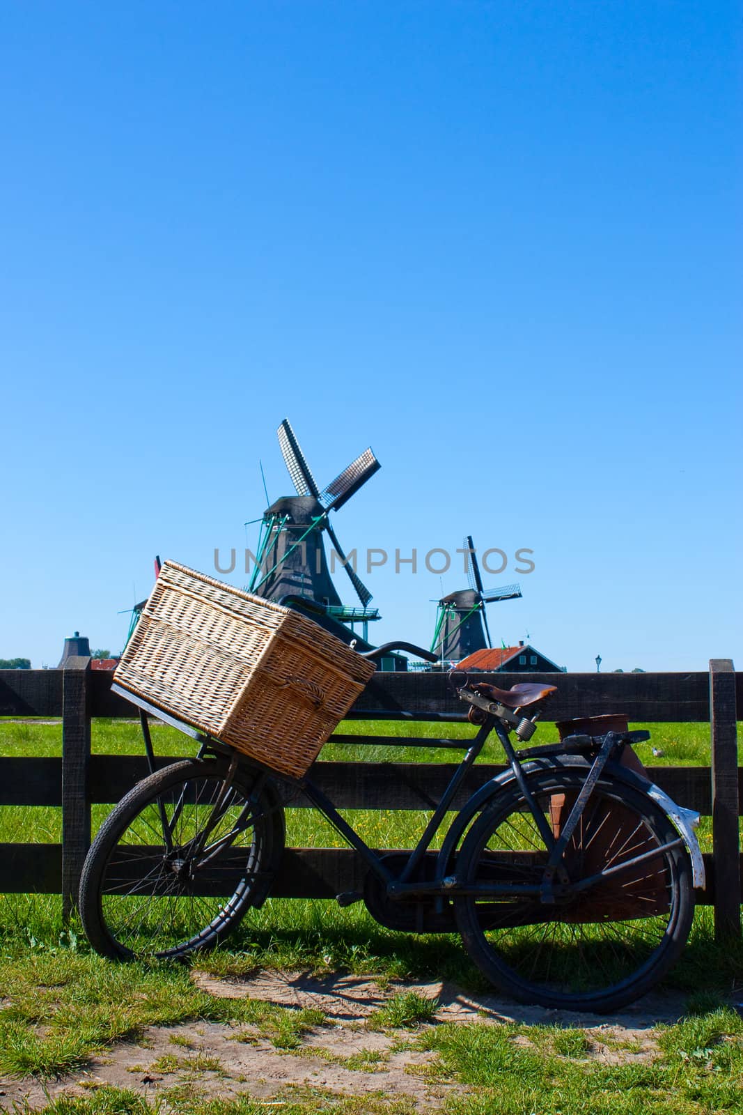 Clear and traditional landmark for Holland: bicycle and mills