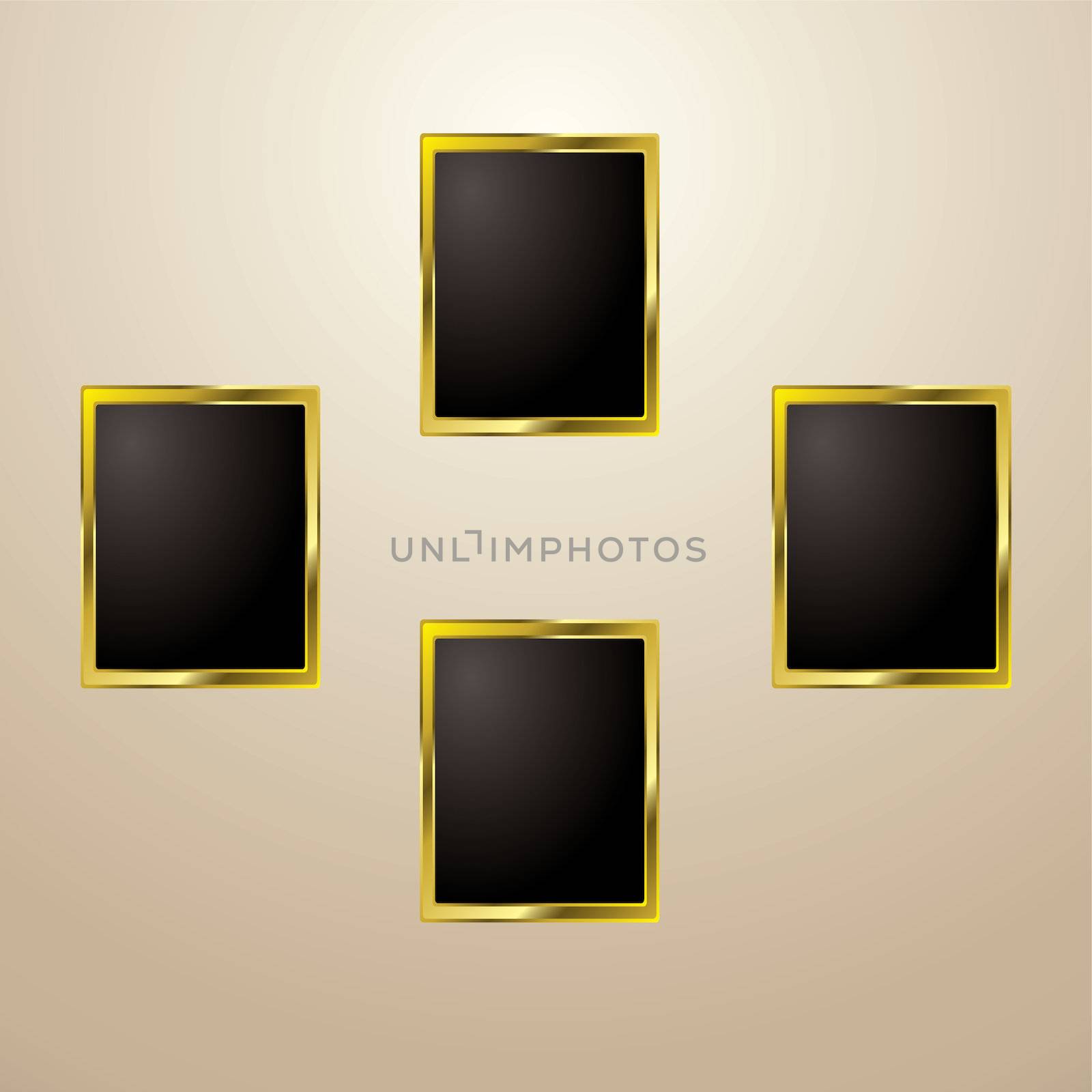 Four blank golden picture frames with room to add your own image