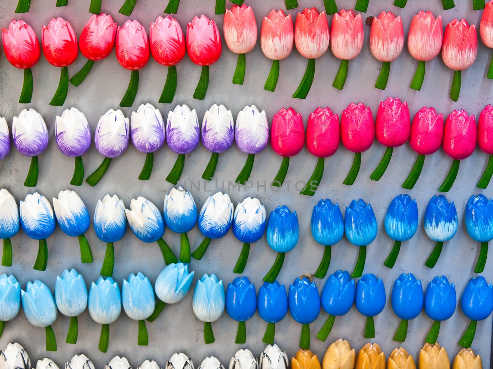 Traditional tulips made of wood in Amsterdam shop