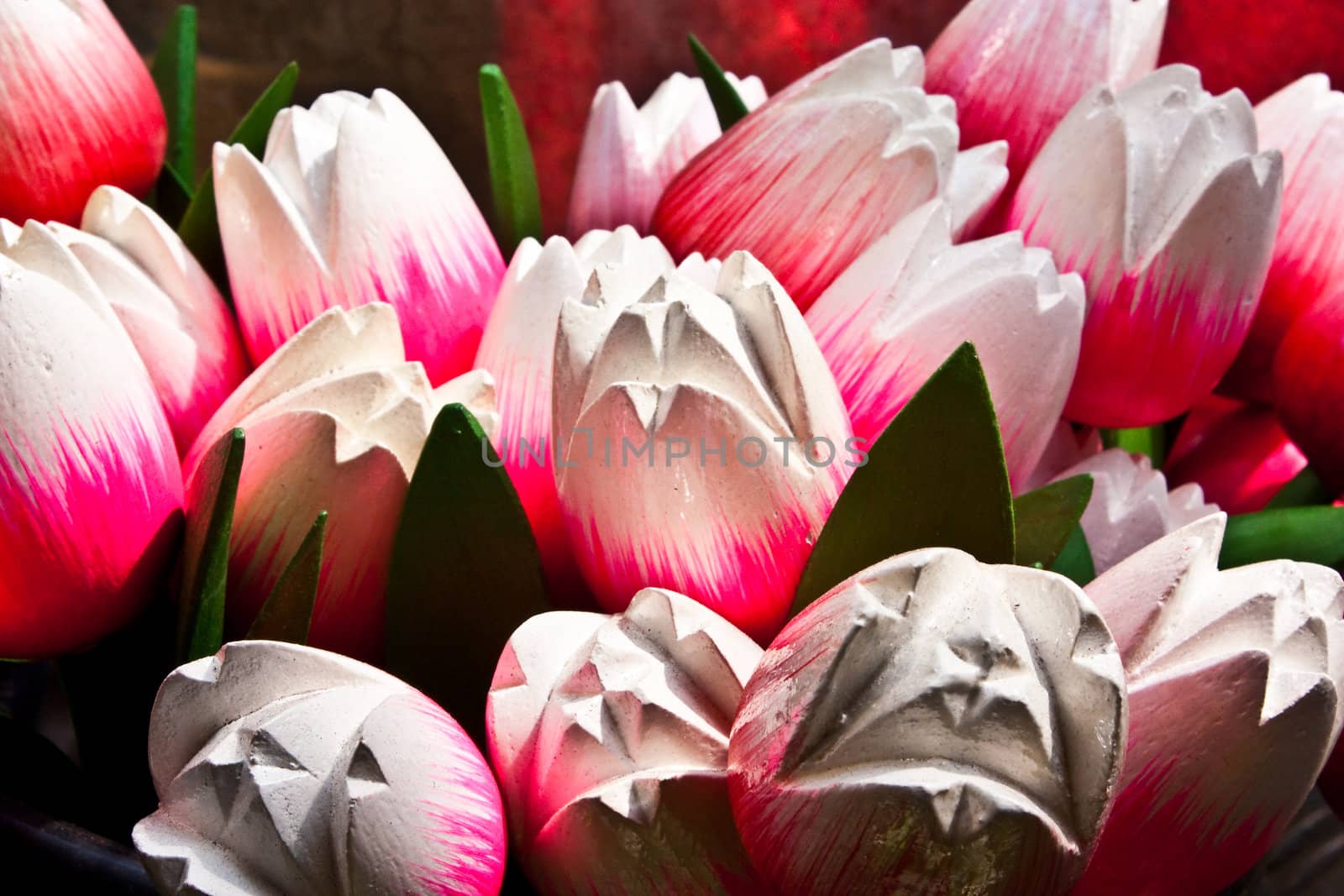 Traditional tulips made of wood in Amsterdam shop