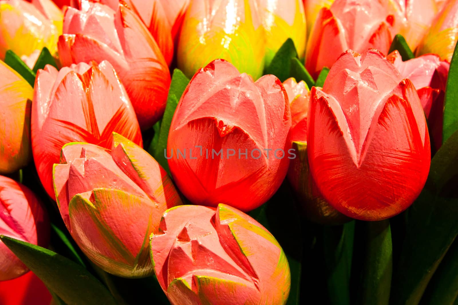 Traditional tulips made of wood in Amsterdam shop