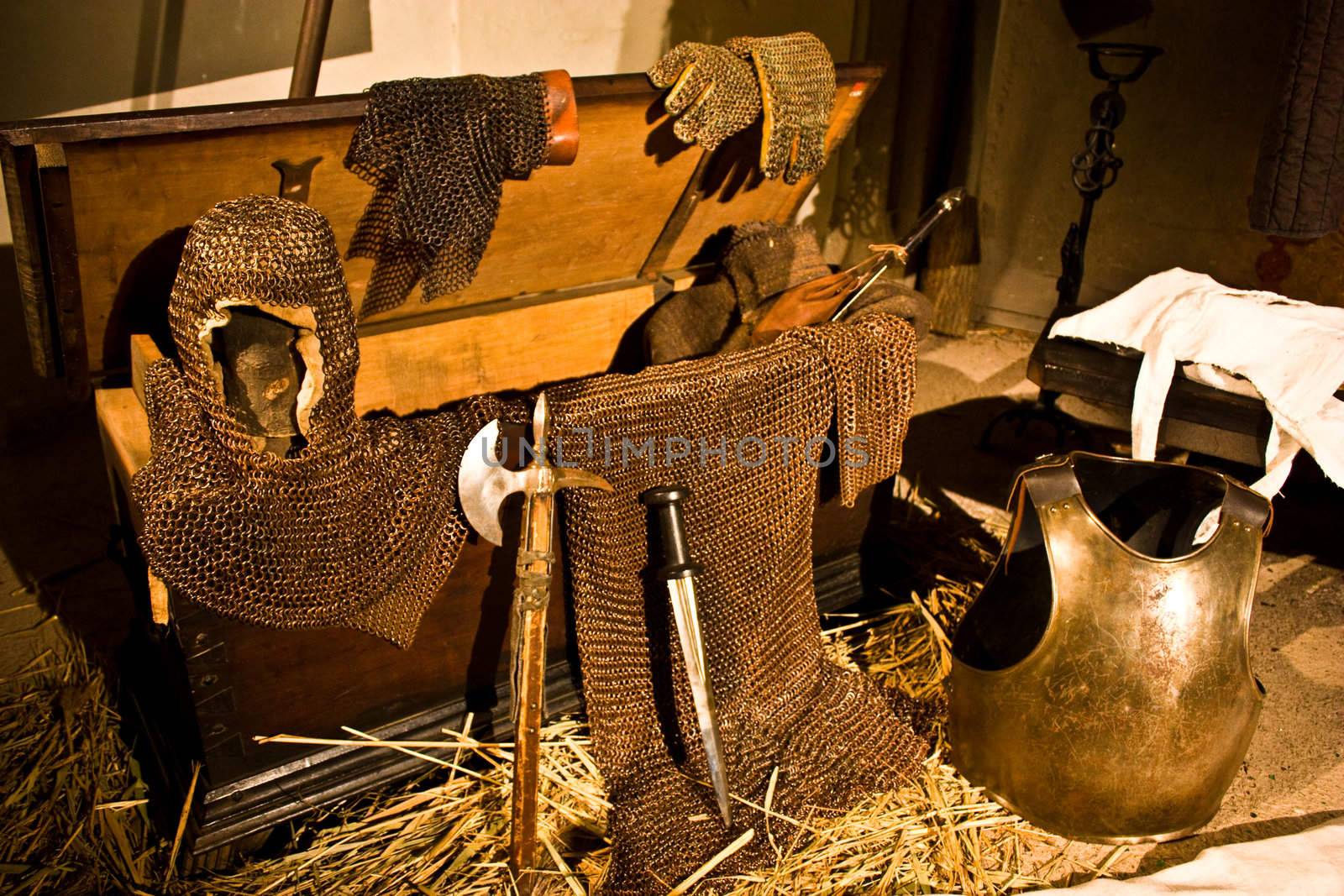 Medieval weapons in Italian castle, close to Turin, north Italy