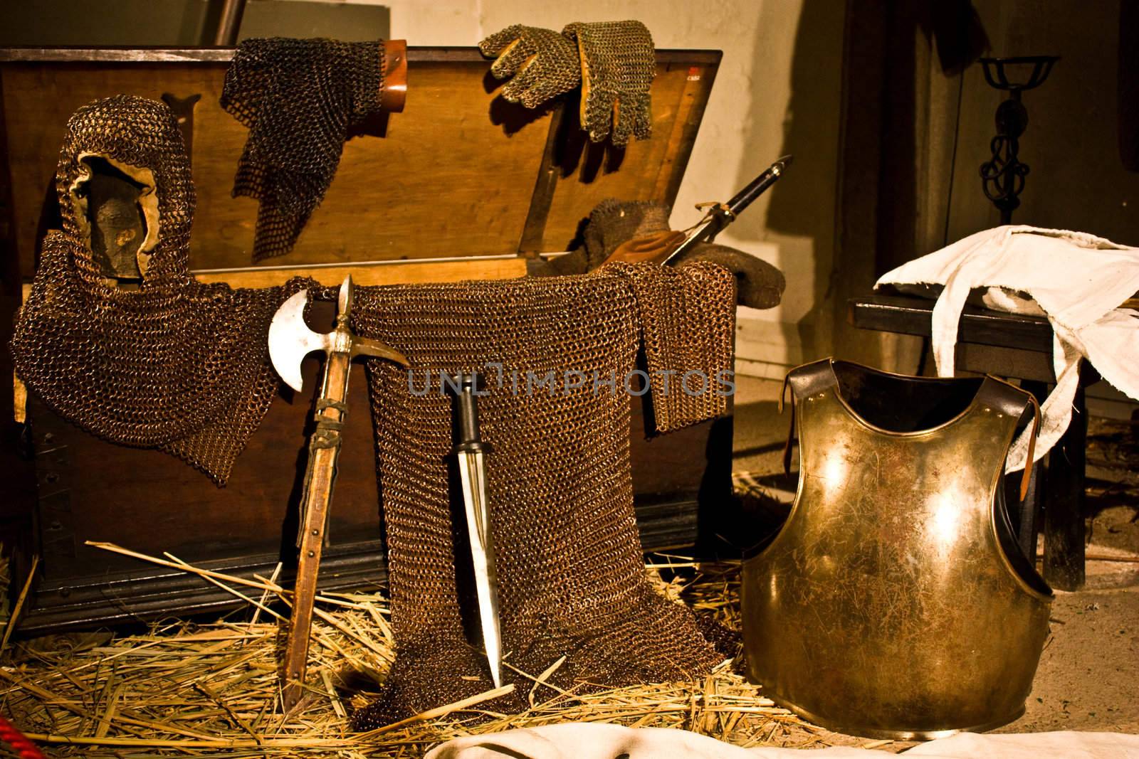 Medieval weapons in Italian castle, close to Turin, north Italy