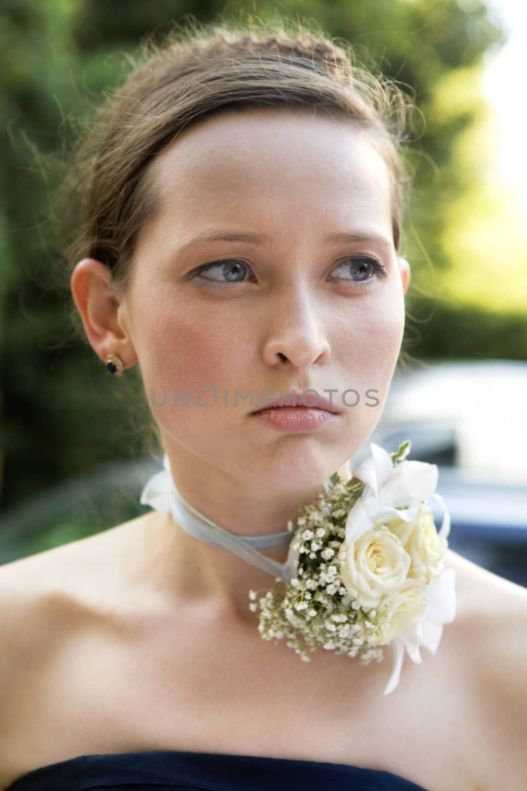 bridesmaid, maid of honour. Portrait young girl with flower on 