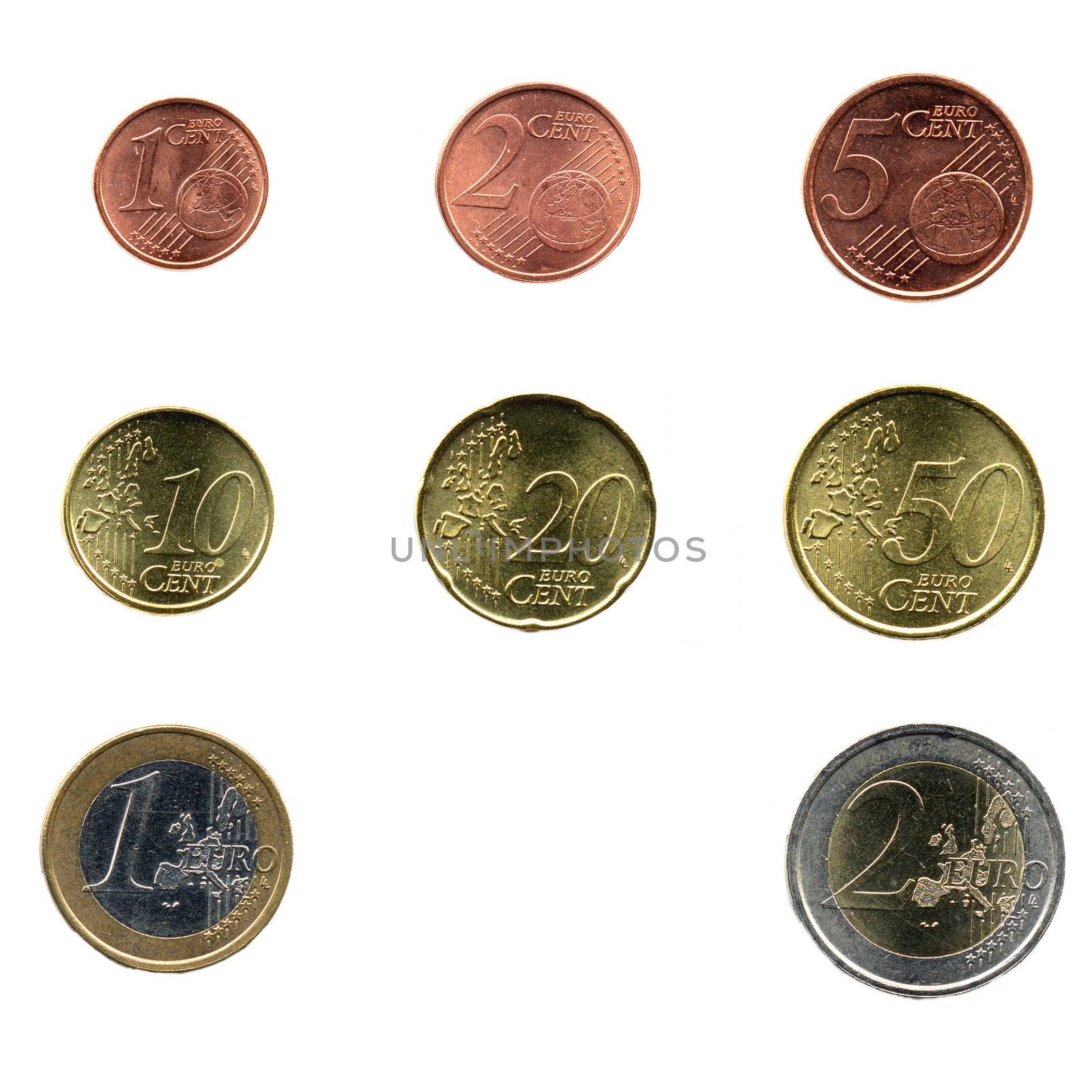 Full range of Euro coins isolated on white