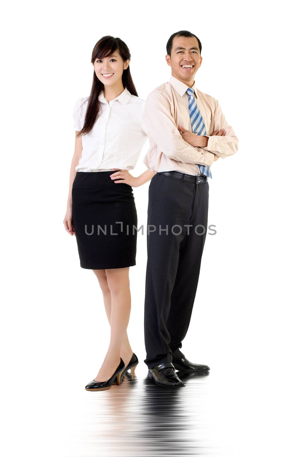 Asian business man and woman, full length portrait over white background.
