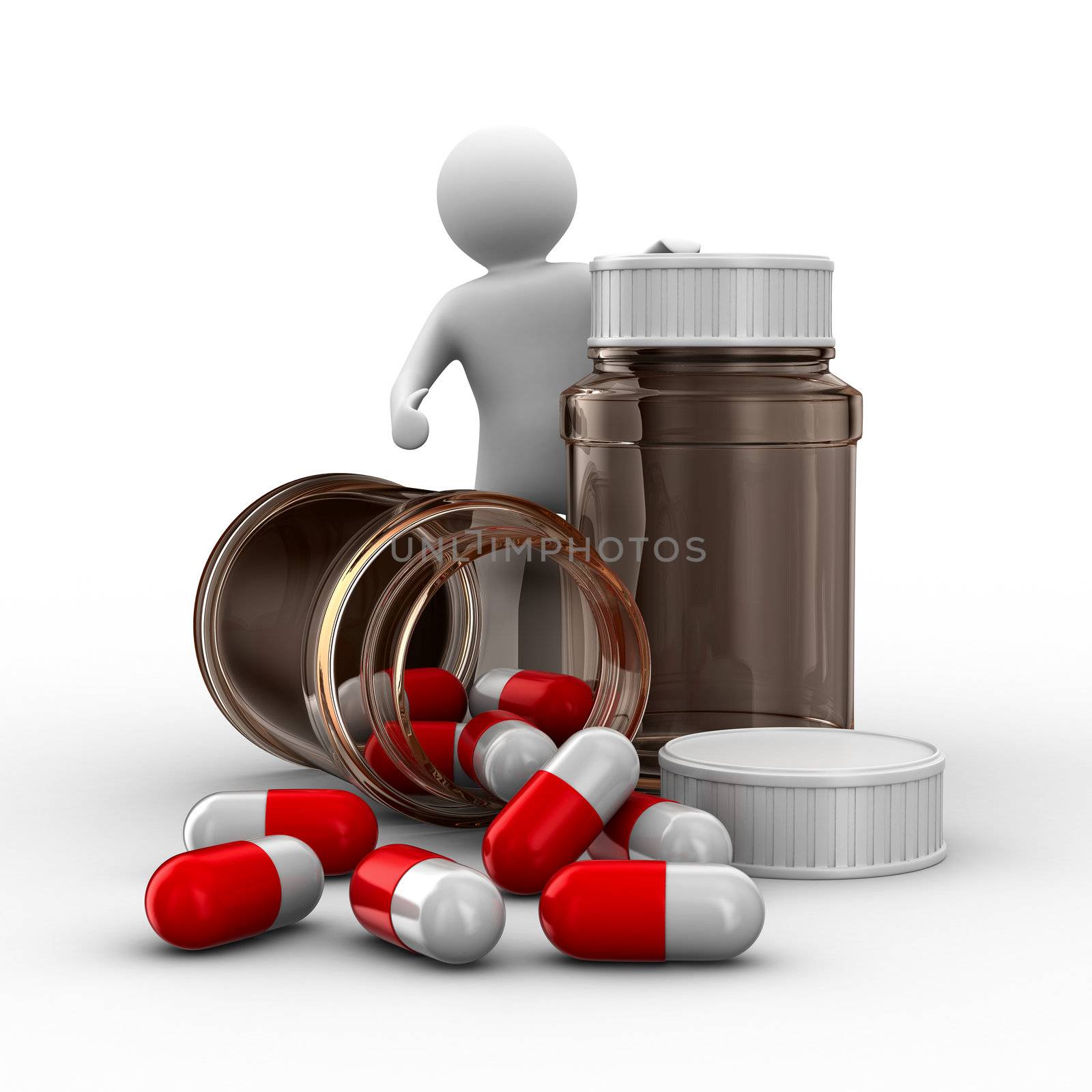 man with bottle for tablets. Isolated 3D image