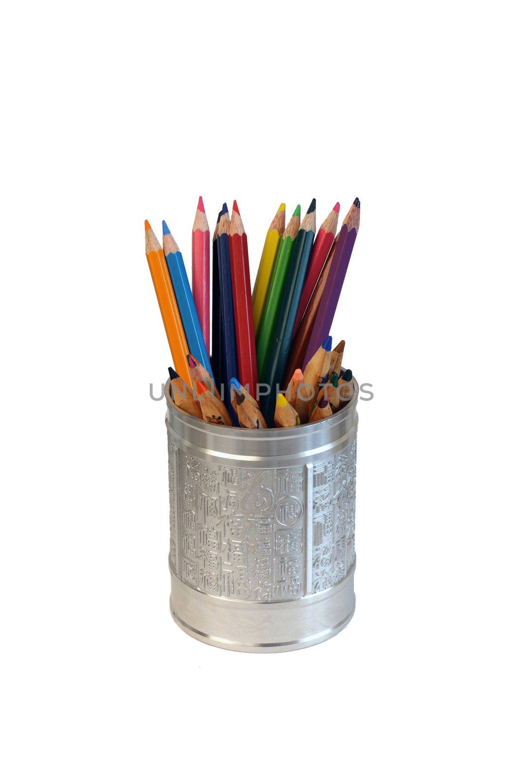 colorful pencils in a chinese made cup by yucelunal