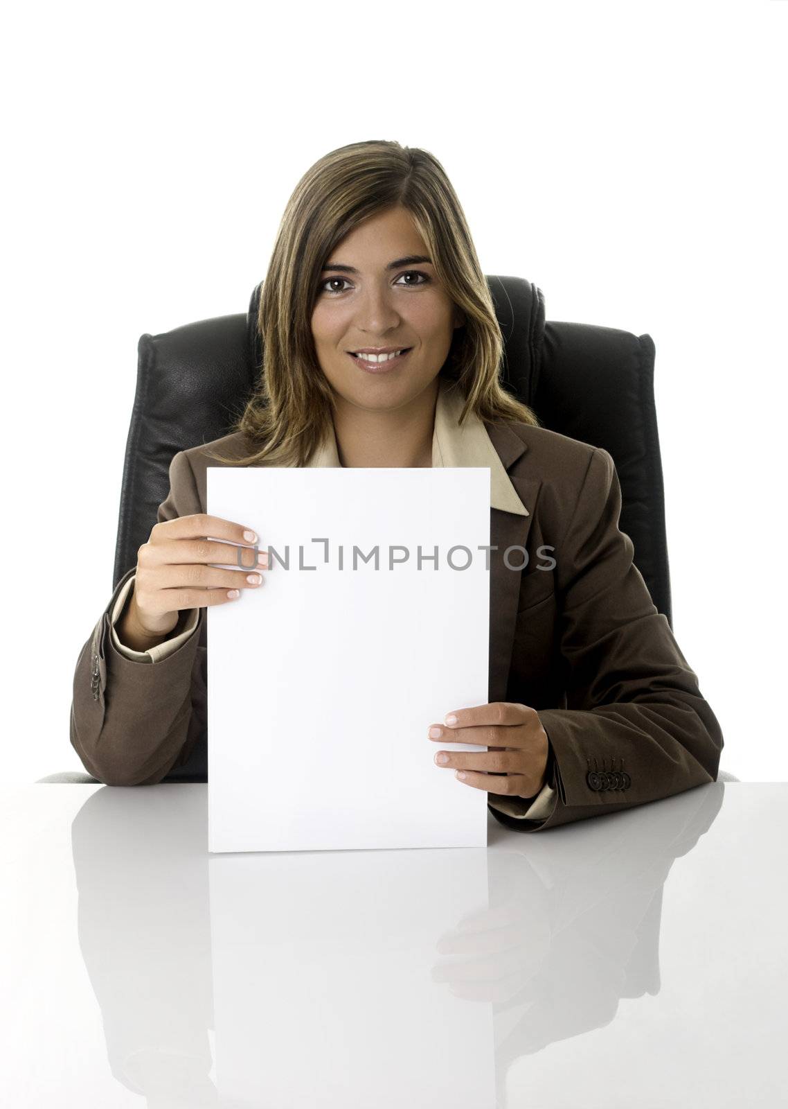 Beautiful and happy business woman with a paper contract on is hands