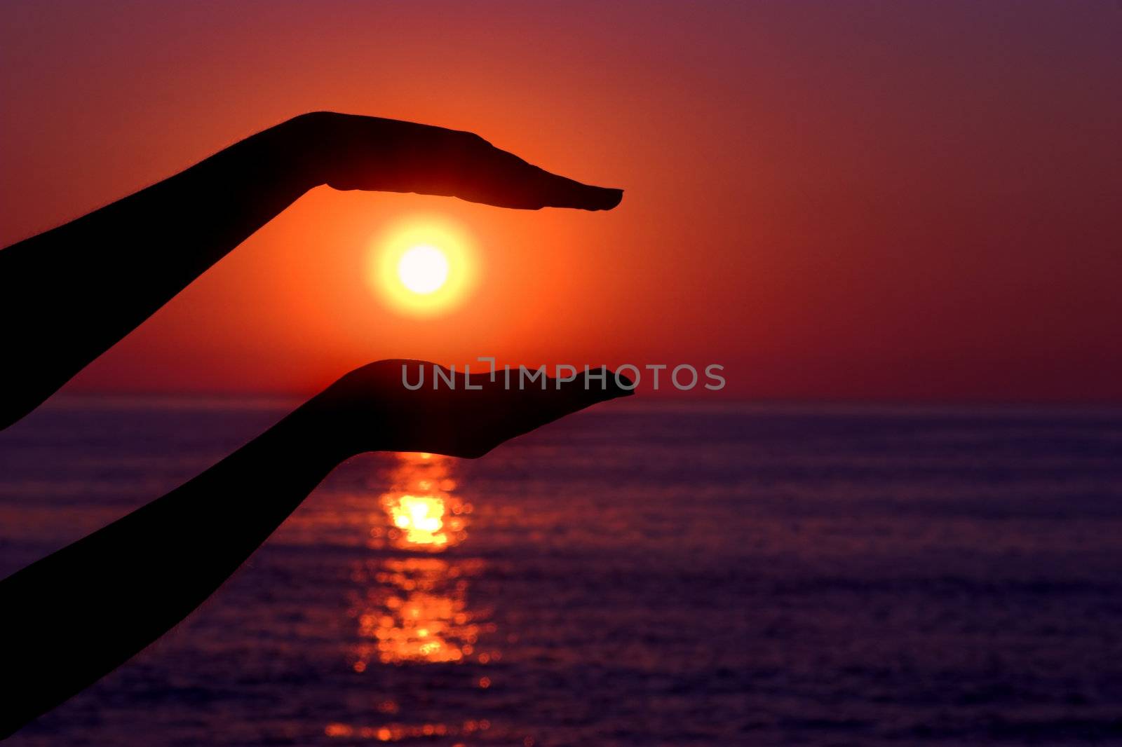 Female hands silhouette holding the sun 