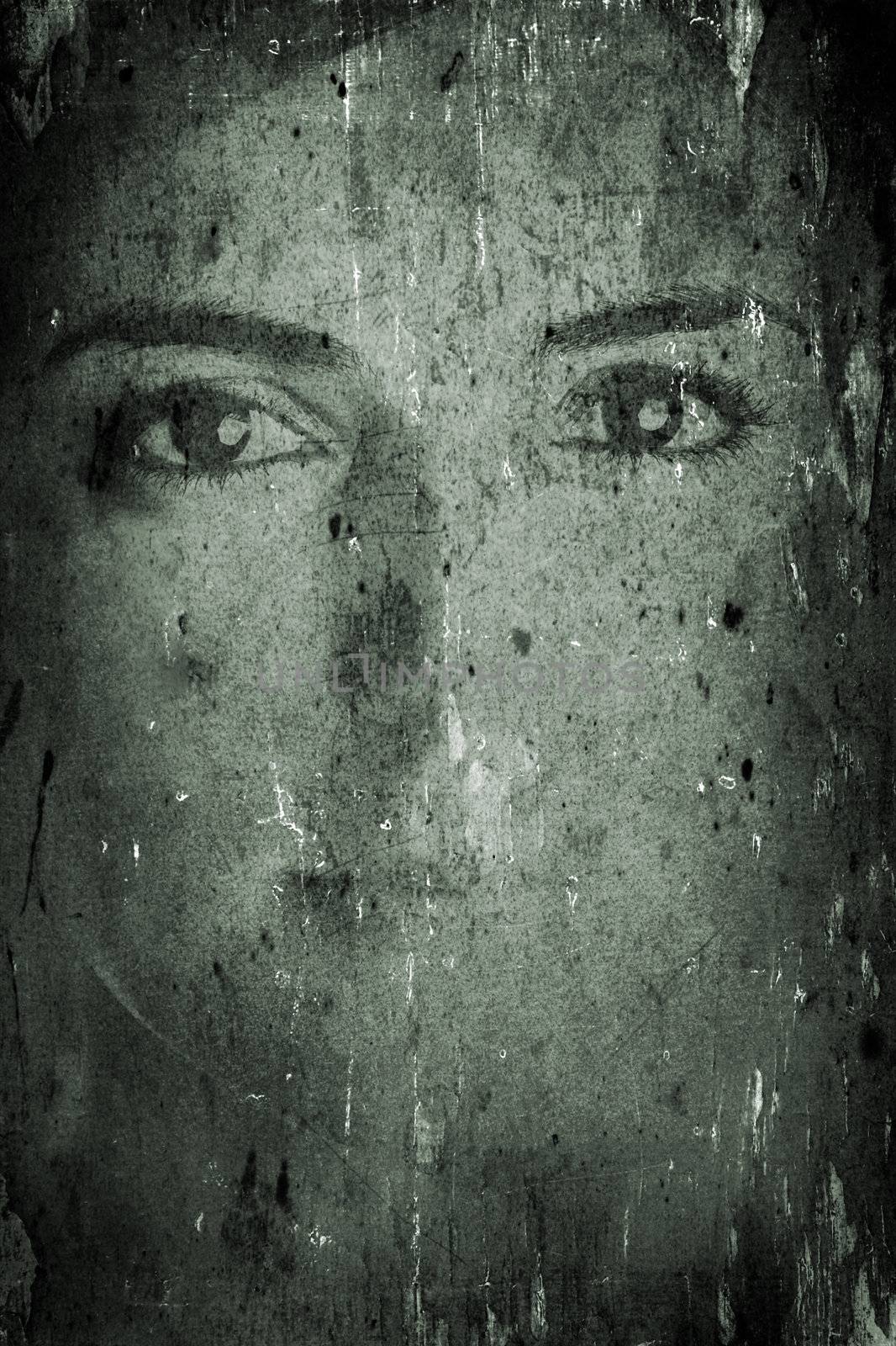 Background made with old textured paper with a female face