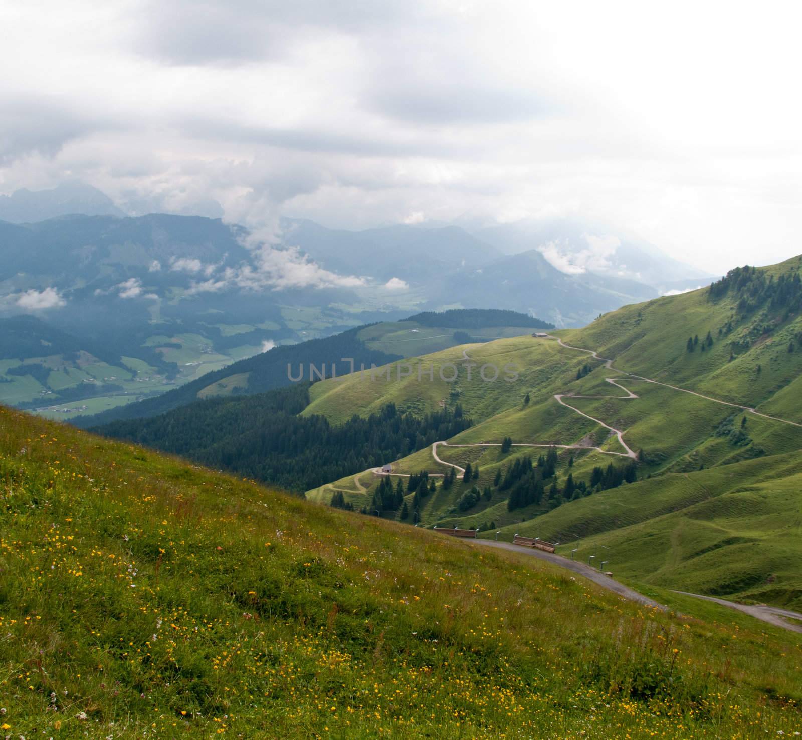 Hairpin bends on road up the grassy slopes on cloudy day in Switzerland