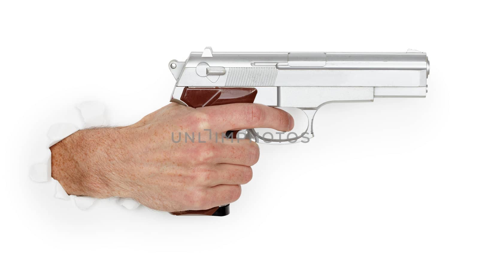 Man's hand holding a large silver handgun isolated on white background