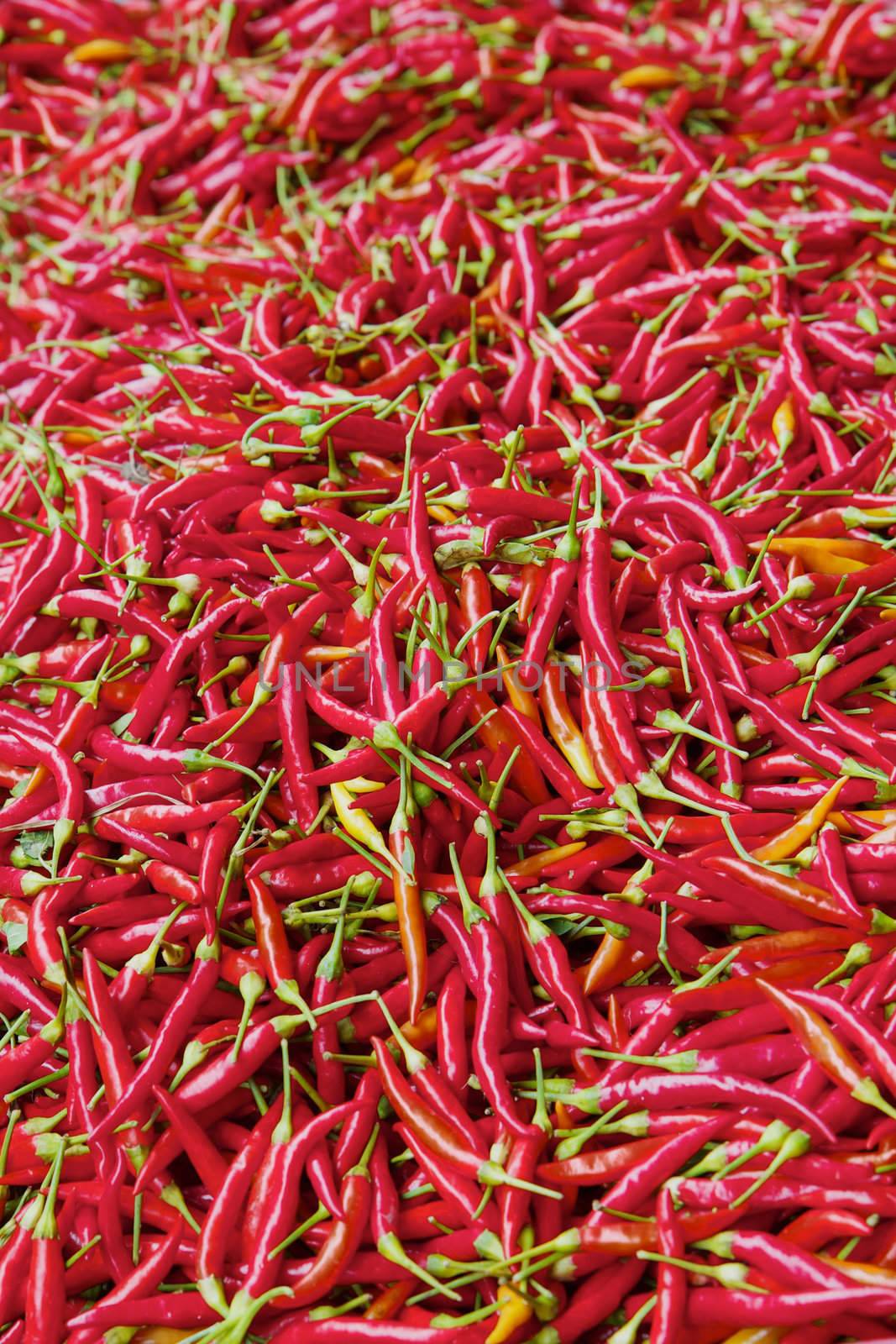 Thousands of Red hot chili peppers with green tops at the farmers market