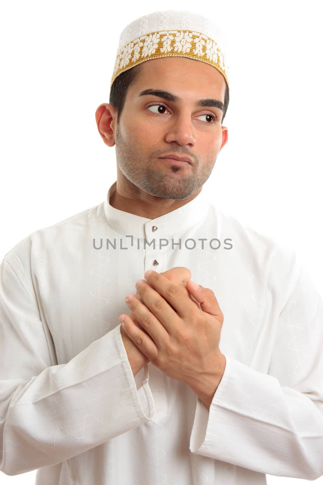 Ethnic man holding his hands to his chest by lovleah