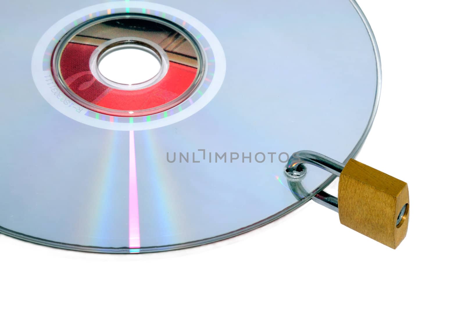 Disc under lock and key isolated on a white background.
