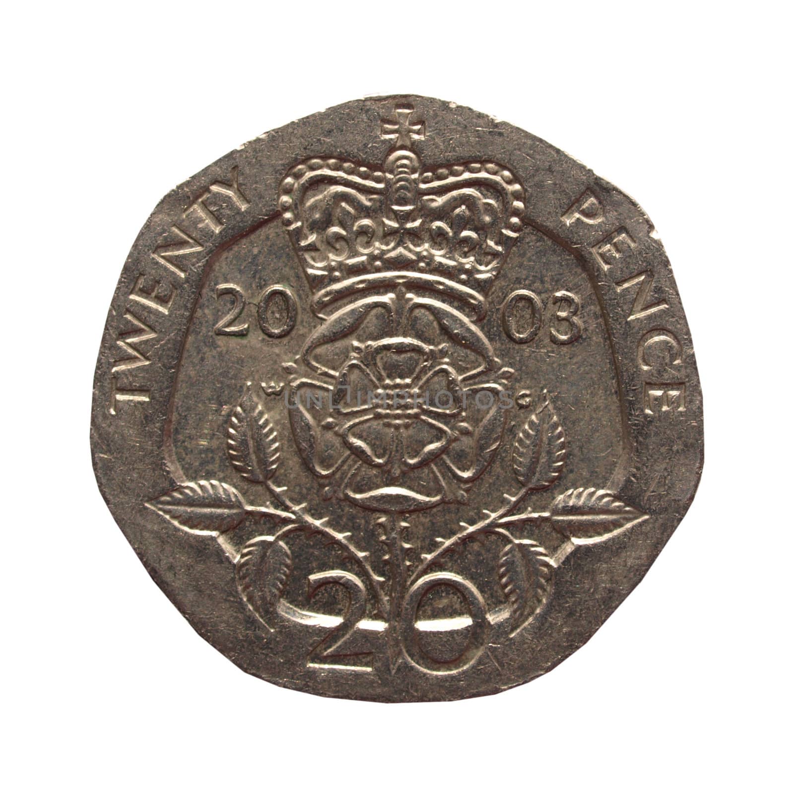 Twenty Pence coin isolated over white background