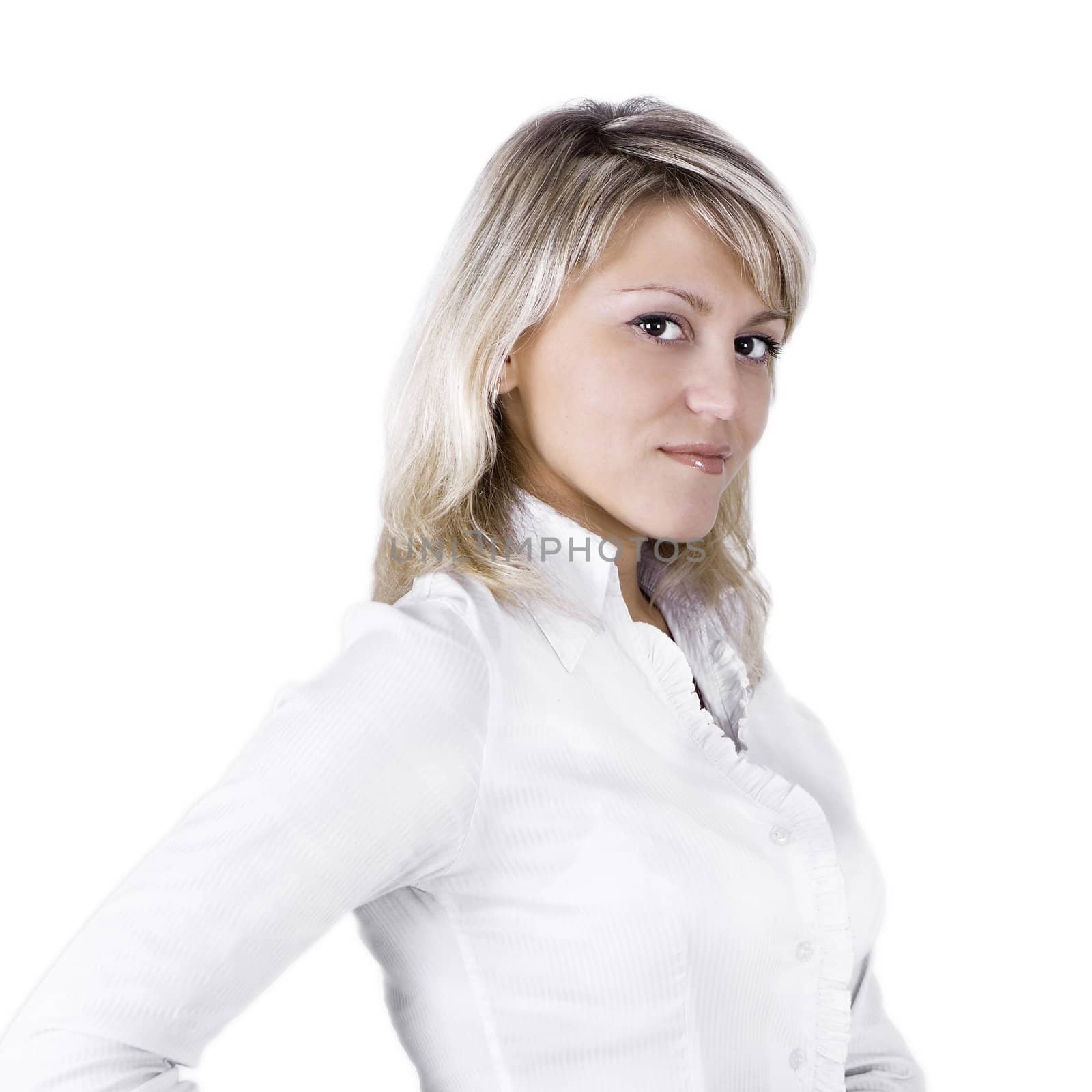 The business young woman on a white background