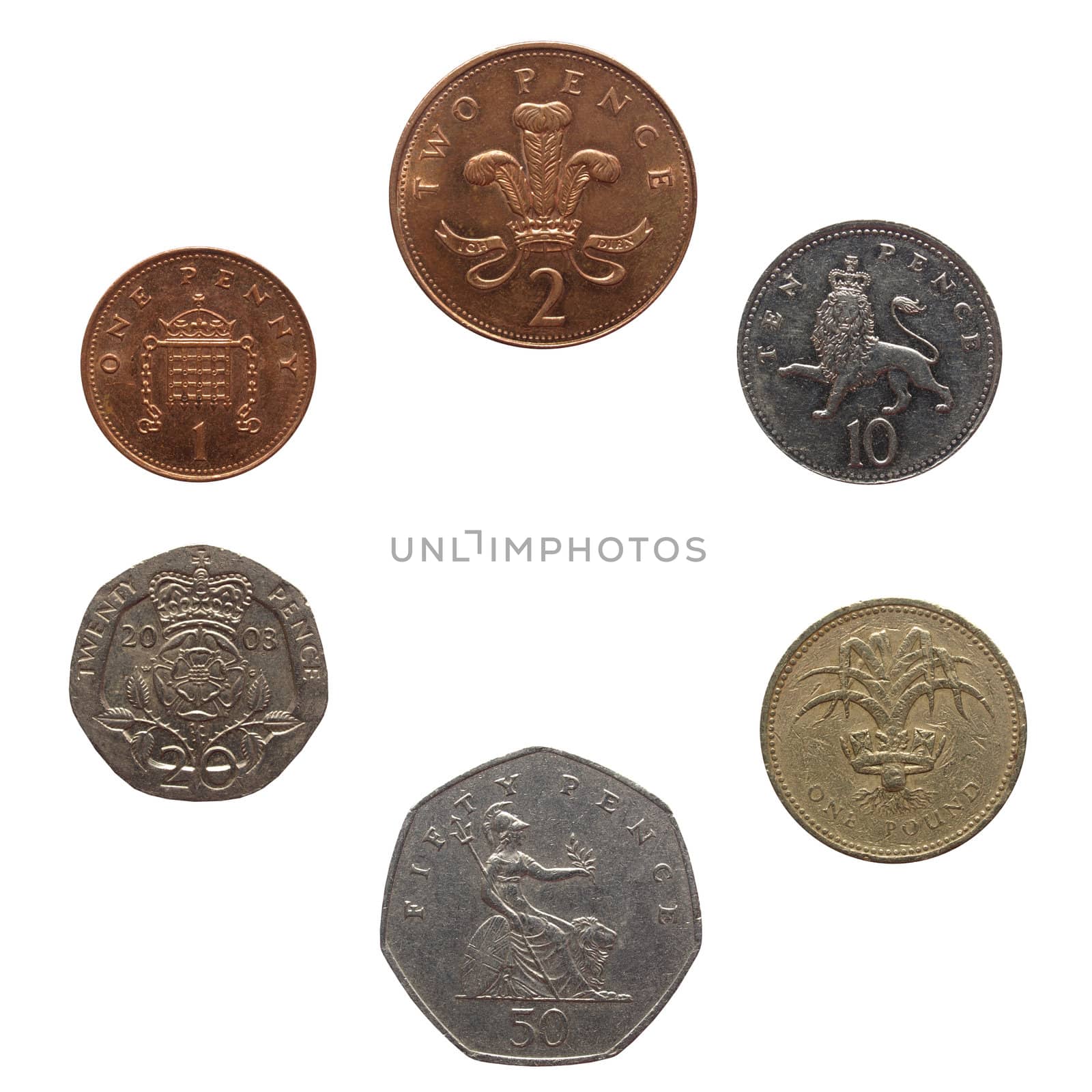 Full range of British coins from 1 Penny to 1 Pound isolated over white