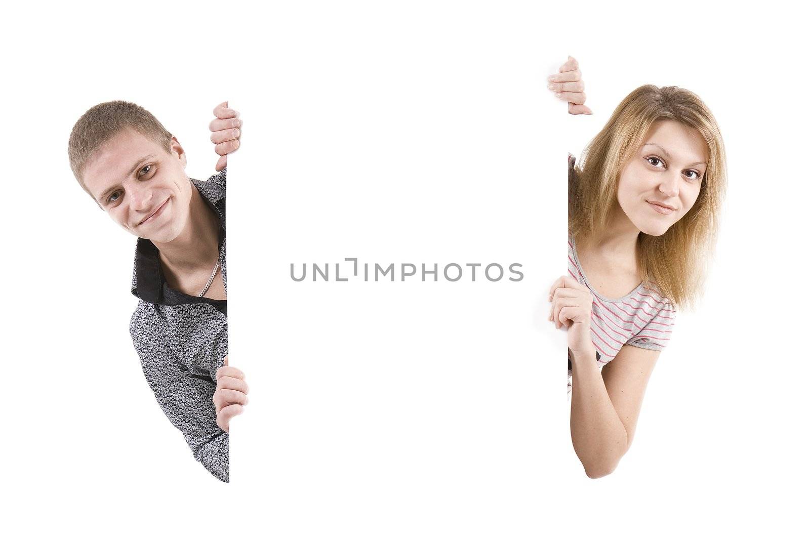 On white background happy young men and the white pure stand