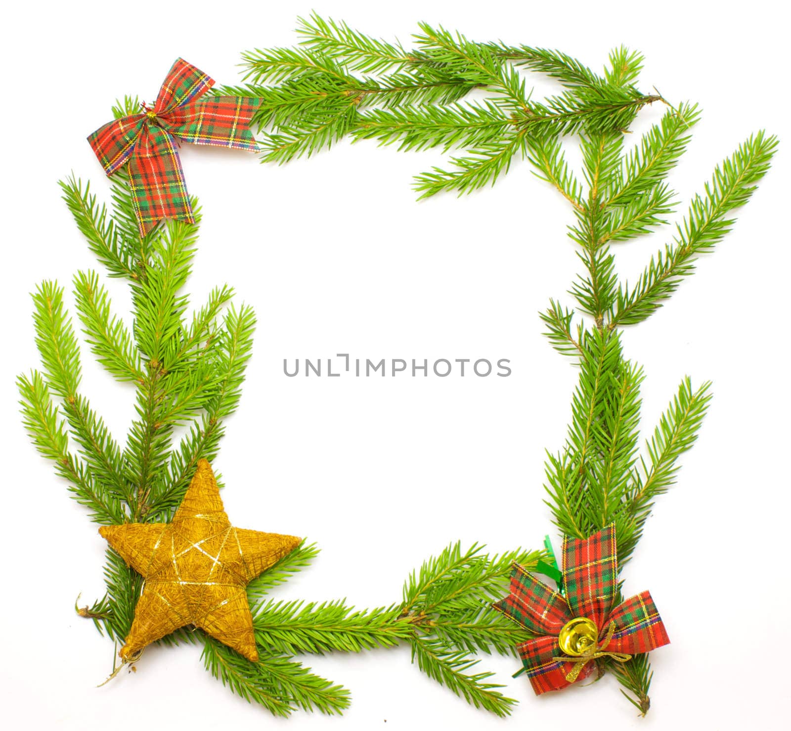 Green fresh spruce frame with decoration isolated on white