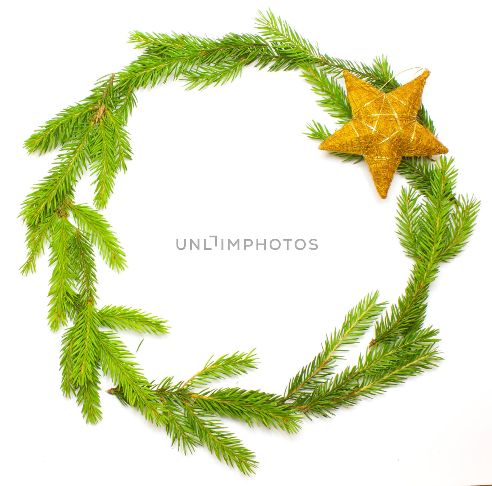 Green fresh spruce frame with decoration isolated on white