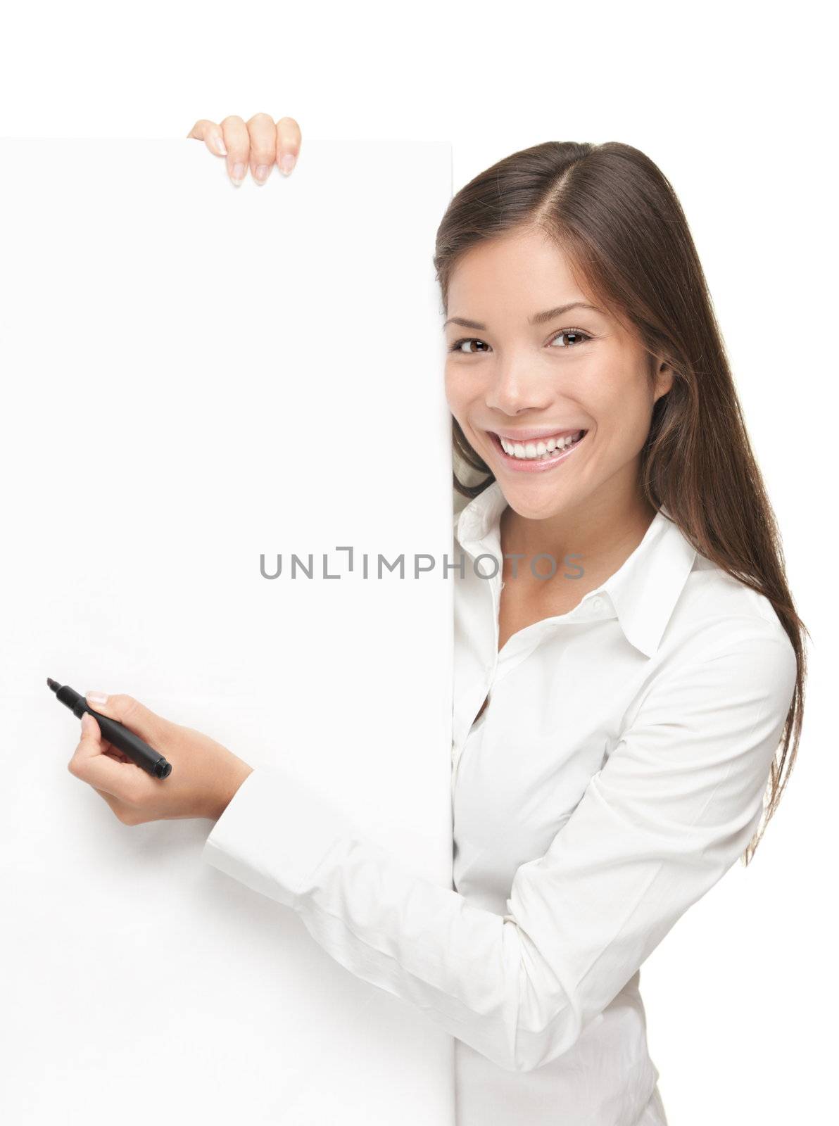 Sign writing. Businesswoman showing blank sign. Business concept isolated on white background