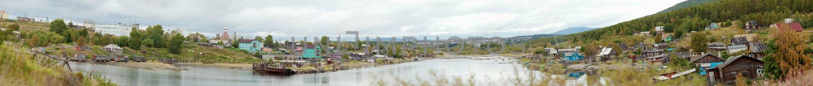 Panorama of countryside with river and church by pzaxe